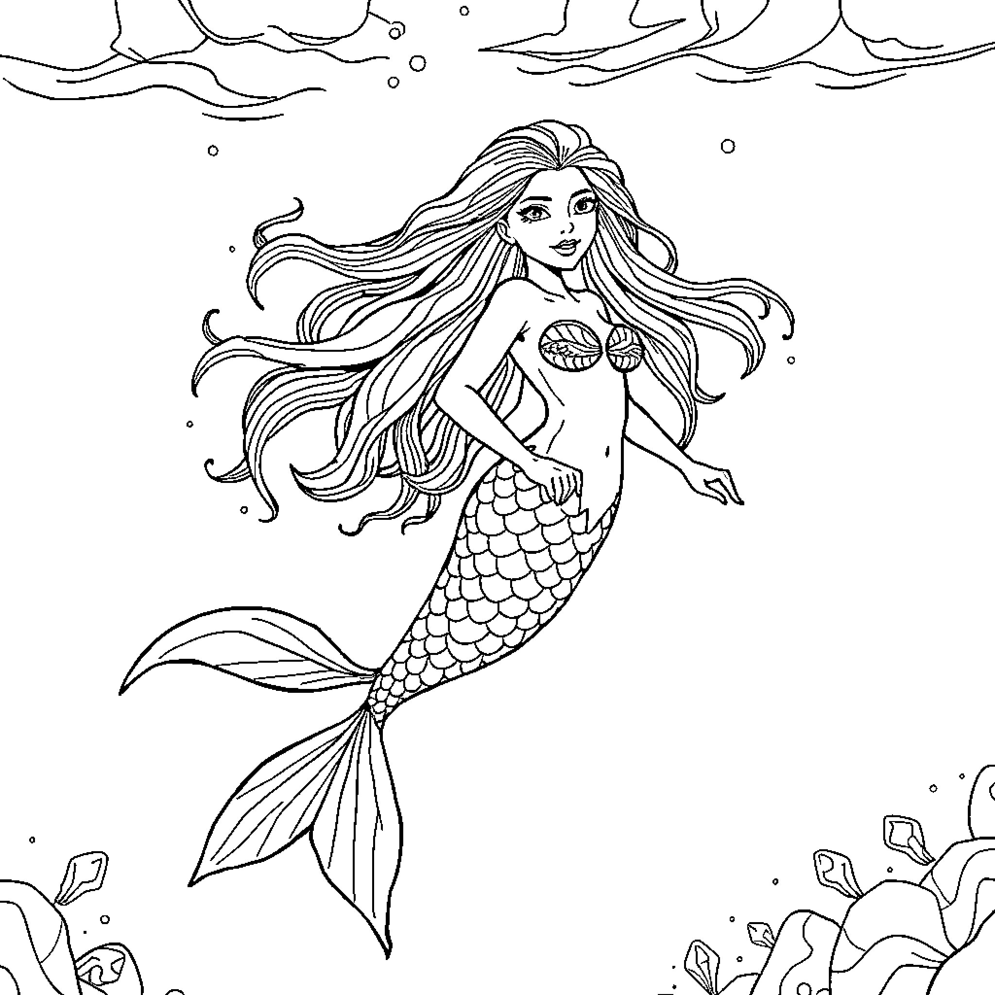 Mermaid with flowing hair swimming in the ocean Coloring Page (free black-and-white line drawing printable PDF for all, from beginners to advanced learners, including children, teens, adults, and seniors)