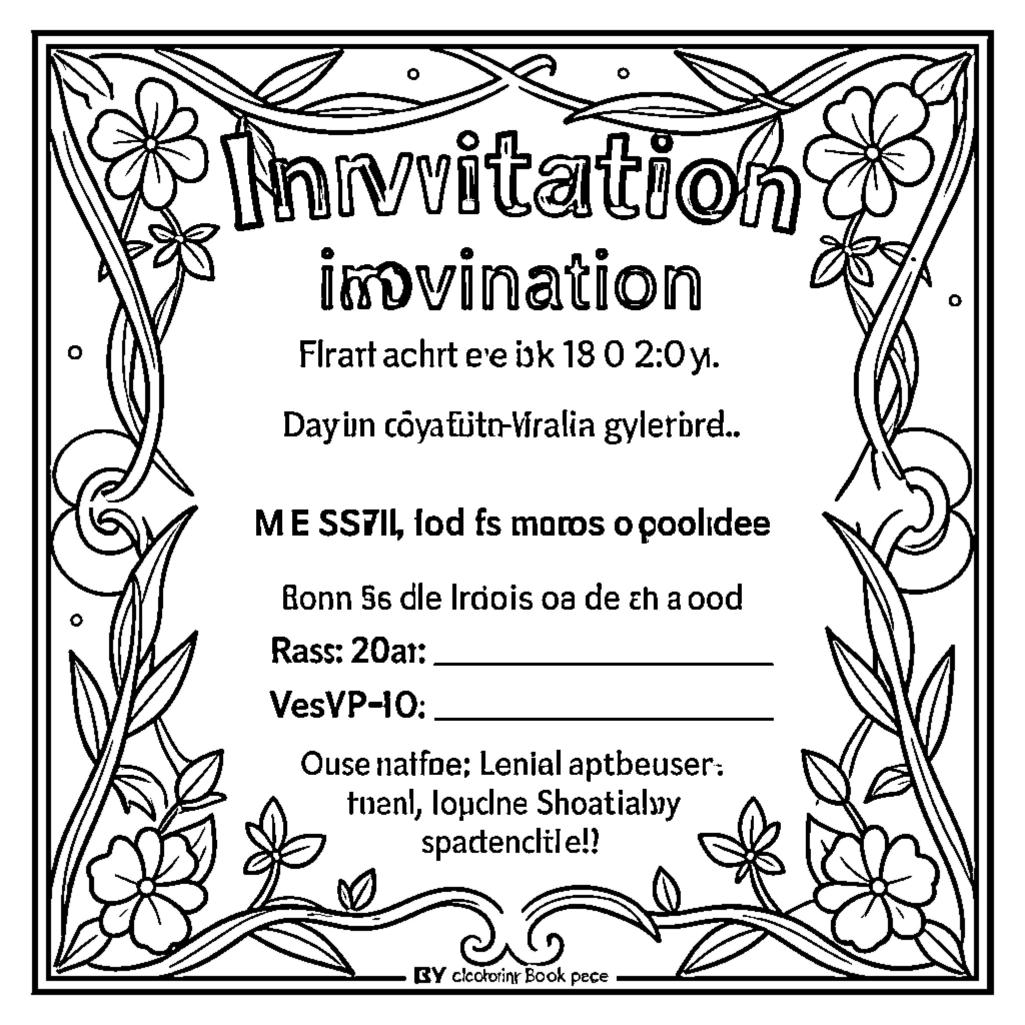 RSVP Invitation card decorated with blooming flowers Coloring Page (free black-and-white line drawing printable PDF for all, from beginners to advanced learners, including children, teens, adults, and seniors)