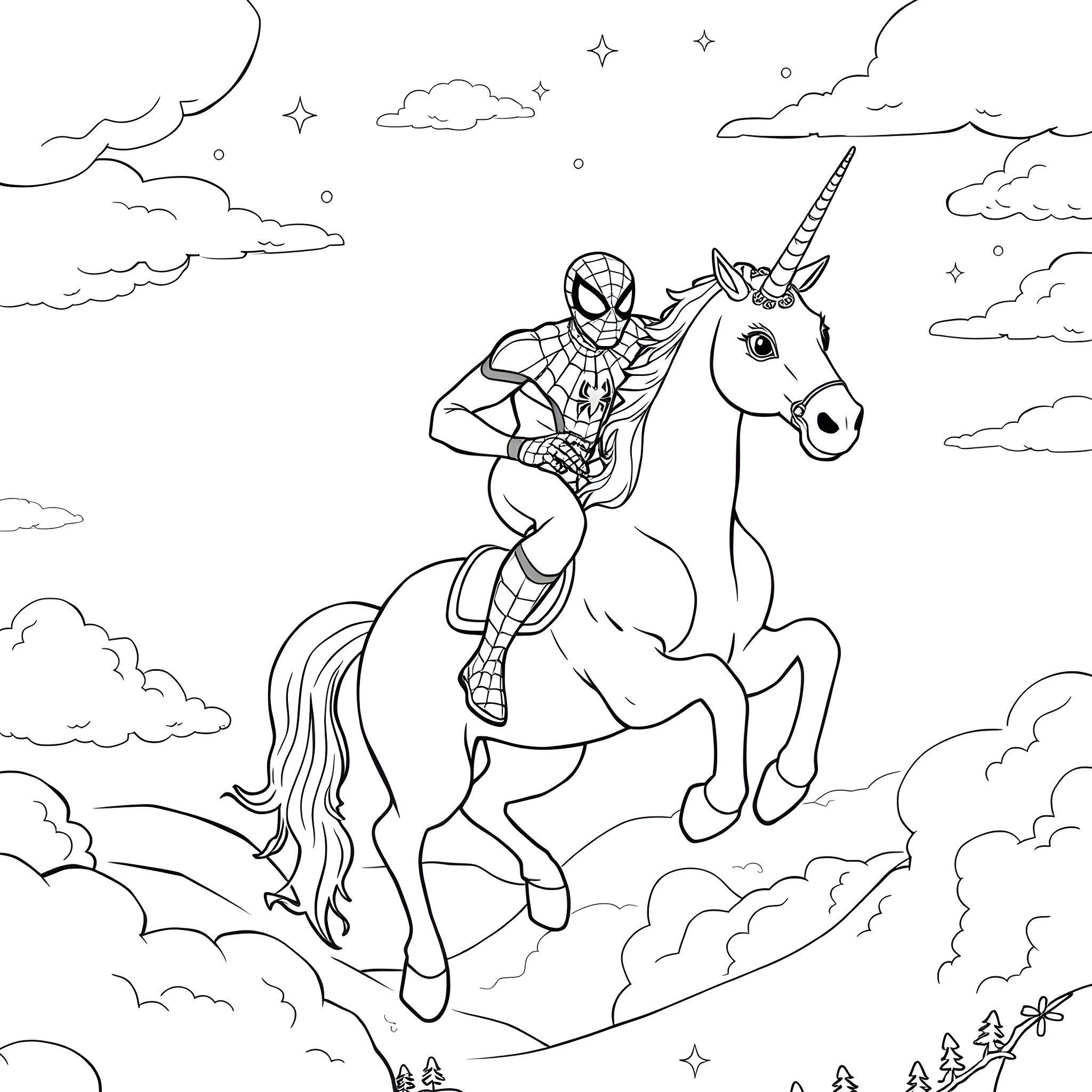Spiderman riding a magical unicorn in the night sky Coloring Page (free black-and-white line drawing printable PDF for all, from beginners to advanced learners, including children, teens, adults, and seniors)
