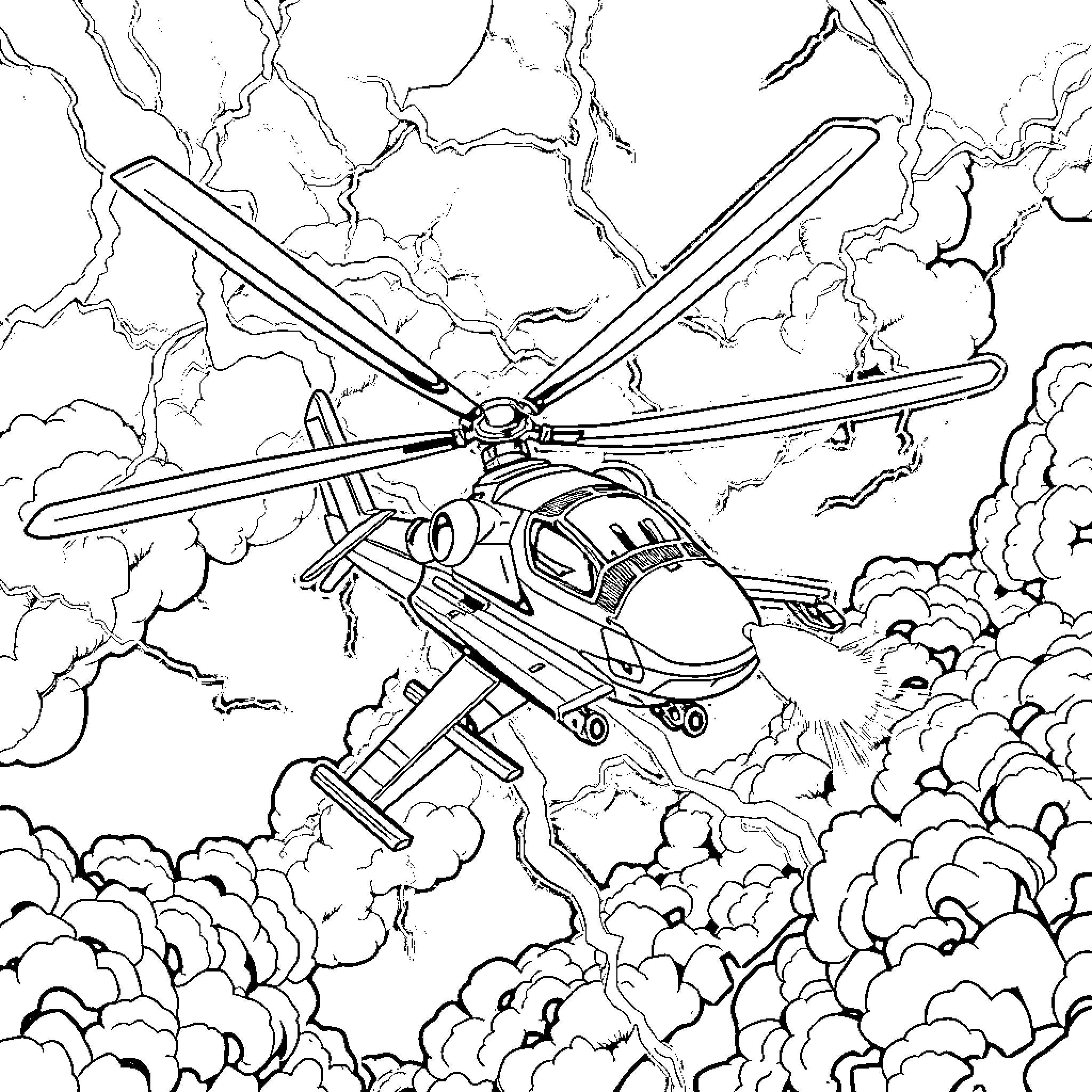 Anime Helicopter soaring through the clouds Coloring Page (free black-and-white line drawing printable PDF for all, from beginners to advanced learners, including children, teens, adults, and seniors)