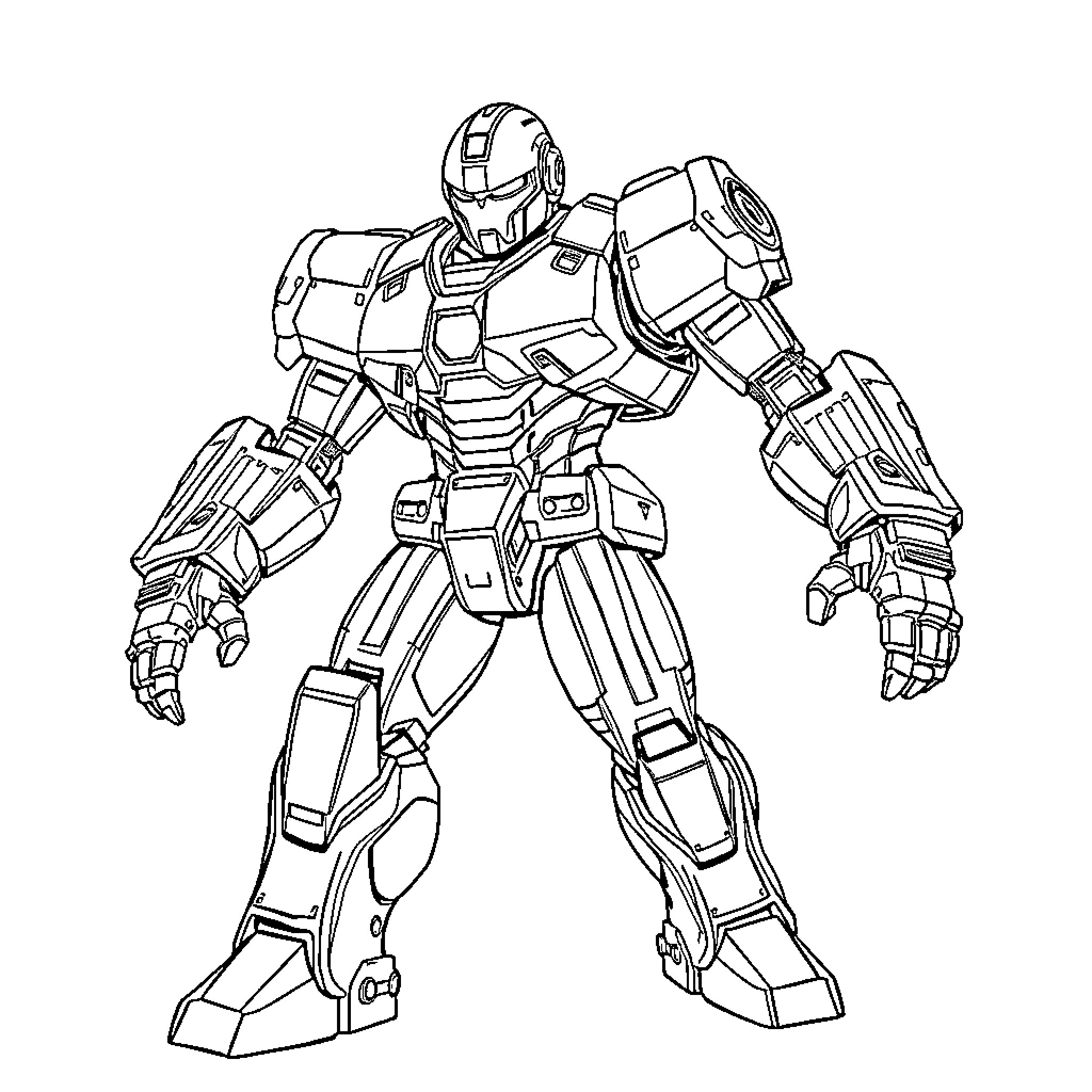 Mech Suit Displaying Powerful Pose and Weaponry Coloring Page (free black-and-white line drawing printable PDF for all, from beginners to advanced learners, including children, teens, adults, and seniors)