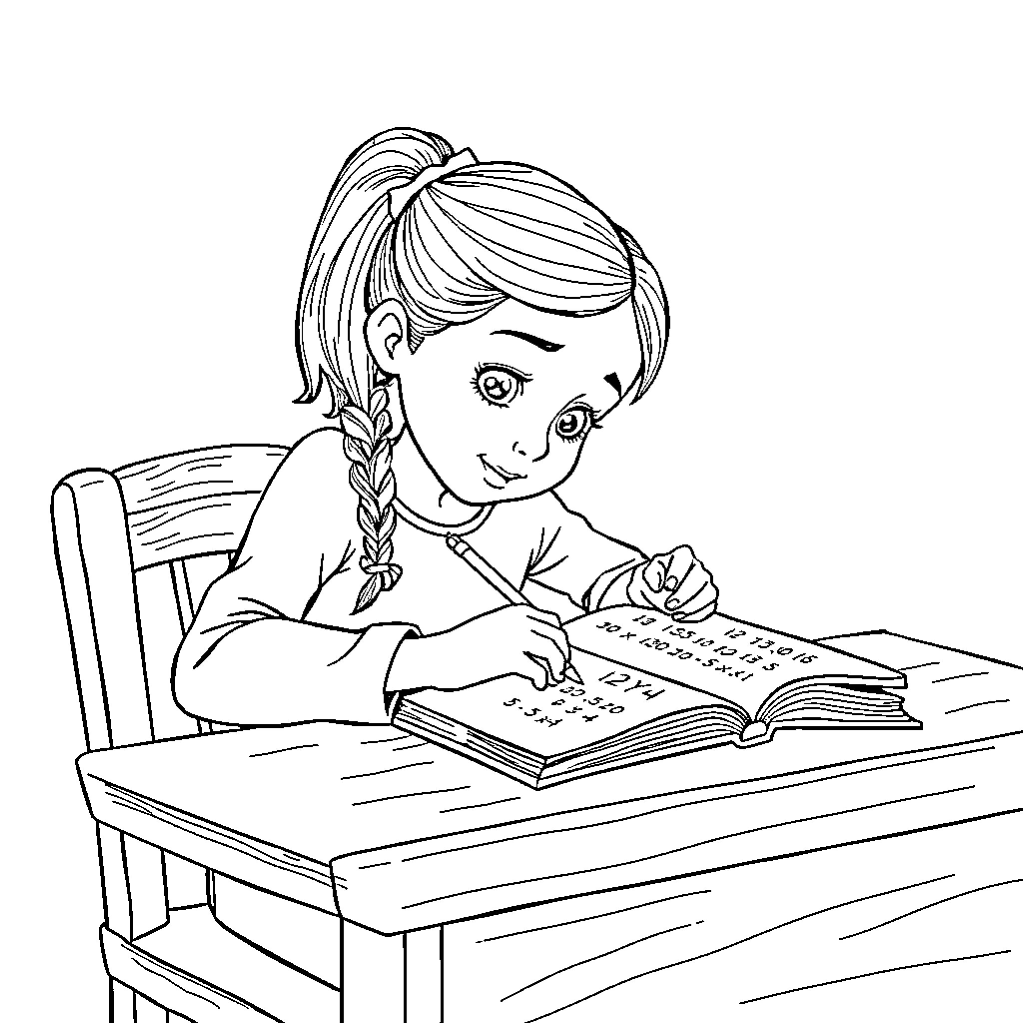 Zoë Studiously Working on Her Schoolwork Coloring Page (free black-and-white line drawing printable PDF for all, from beginners to advanced learners, including children, teens, adults, and seniors)