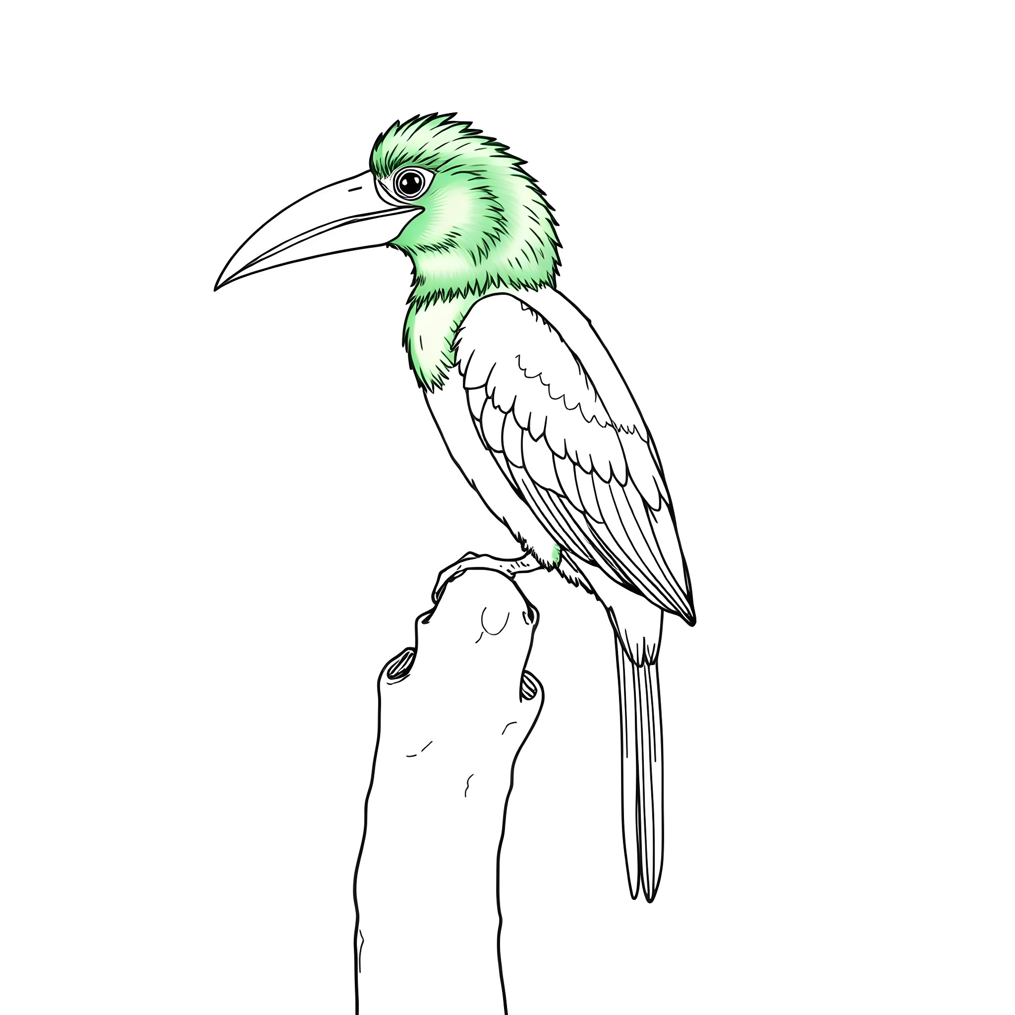 Toucan perched on a branch Coloring Page (free black-and-white line drawing printable PDF for all, from beginners to advanced learners, including children, teens, adults, and seniors)