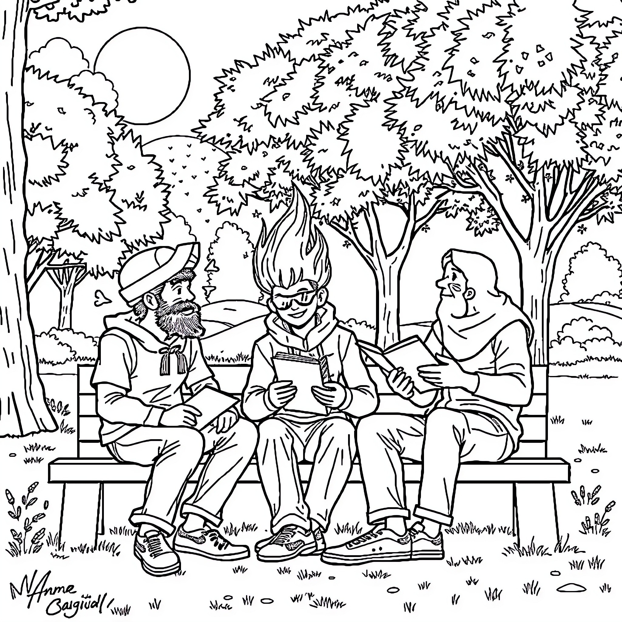 Logia User's Peaceful Gathering in Nature's Embrace Coloring Page (free black-and-white line drawing printable PDF for all, from beginners to advanced learners, including children, teens, adults, and seniors)