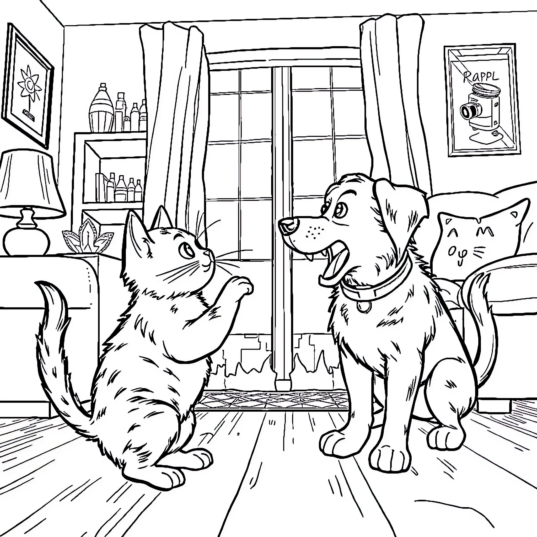 Cat and Dog Enjoying the Indoors Coloring Page (free black-and-white line drawing printable PDF for all, from beginners to advanced learners, including children, teens, adults, and seniors)