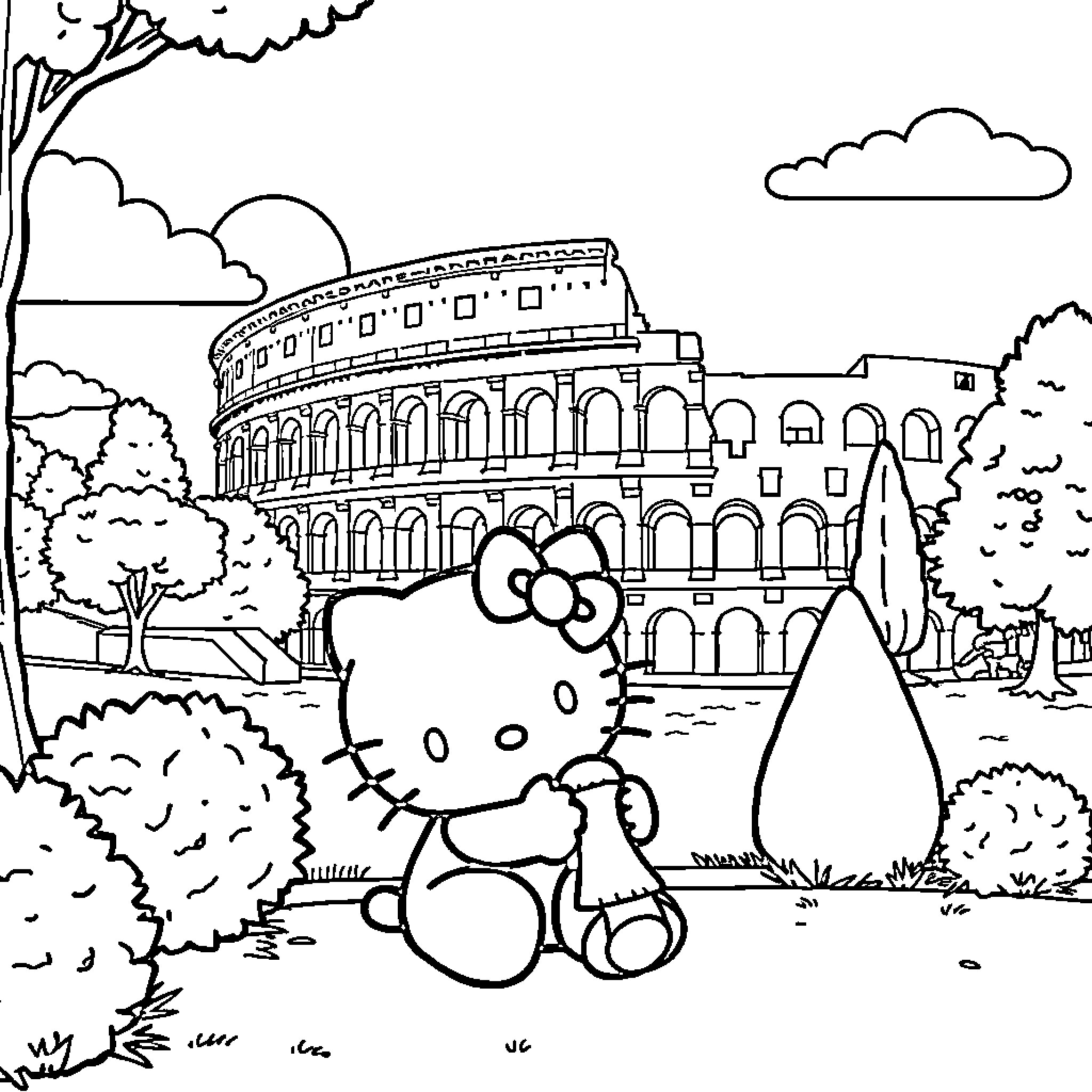 Hello Kitty visits the Colosseum in Rome Coloring Page (free black-and-white line drawing printable PDF for all, from beginners to advanced learners, including children, teens, adults, and seniors)