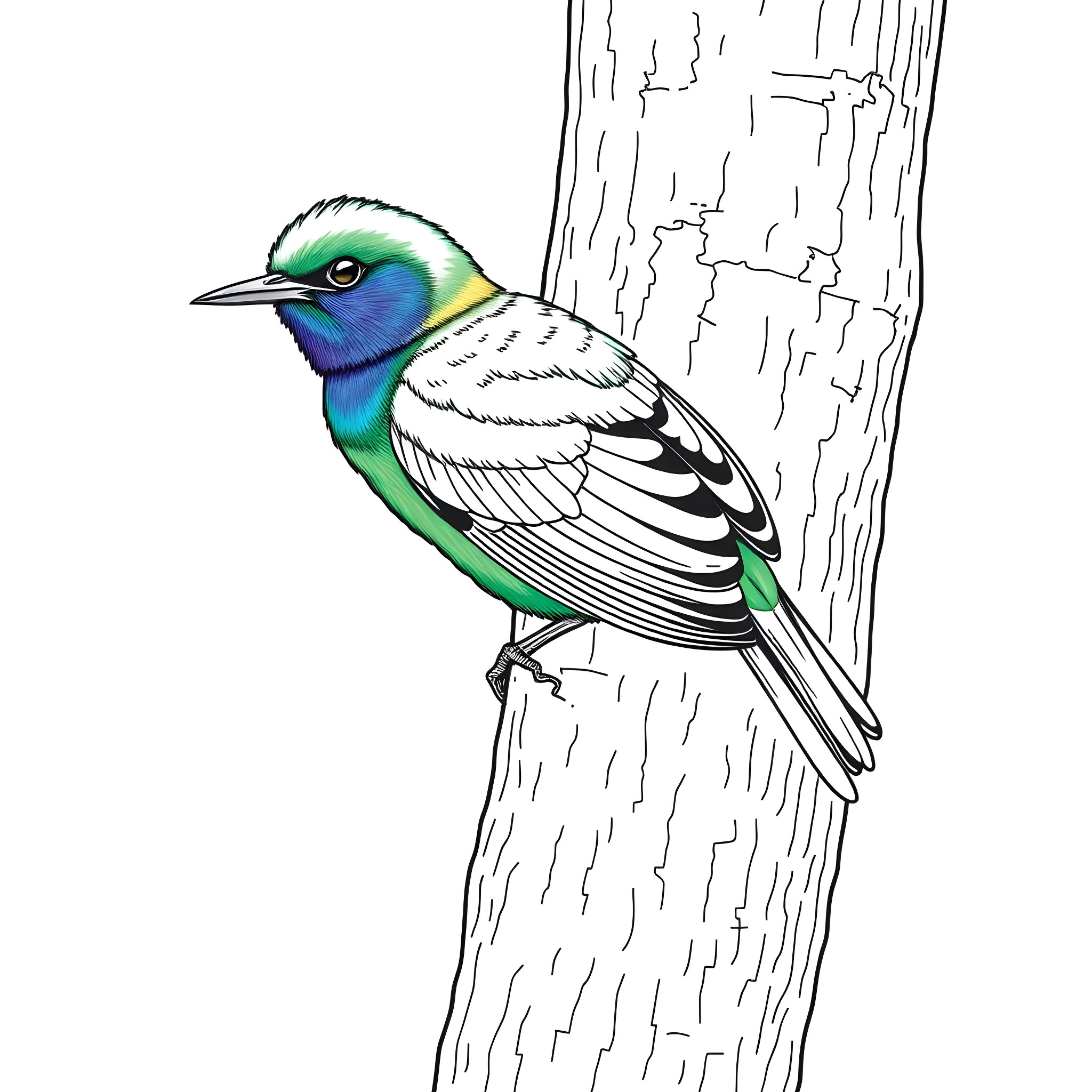 Dacnis bird perched on a tree trunk Coloring Page (free black-and-white line drawing printable PDF for all, from beginners to advanced learners, including children, teens, adults, and seniors)