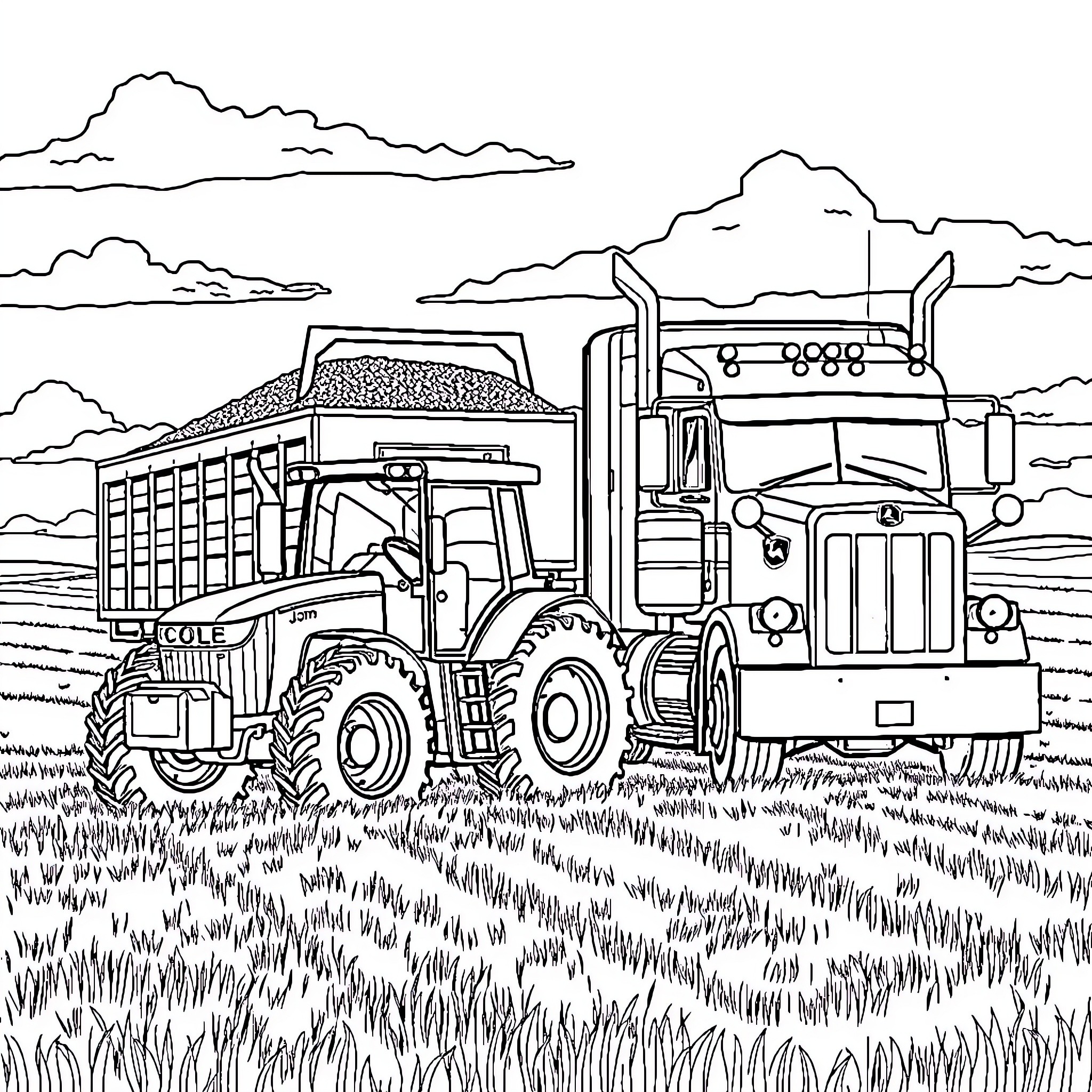 Tractor working alongside large truck in rural landscape Coloring Page (free black-and-white line drawing printable PDF for all, from beginners to advanced learners, including children, teens, adults, and seniors)
