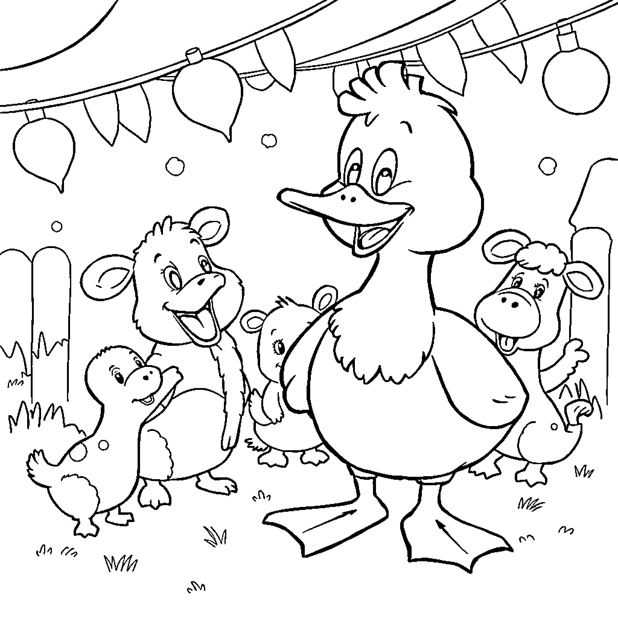 Ducks celebrating with holiday decorations Coloring Page (free black-and-white line drawing printable PDF for all, from beginners to advanced learners, including children, teens, adults, and seniors)