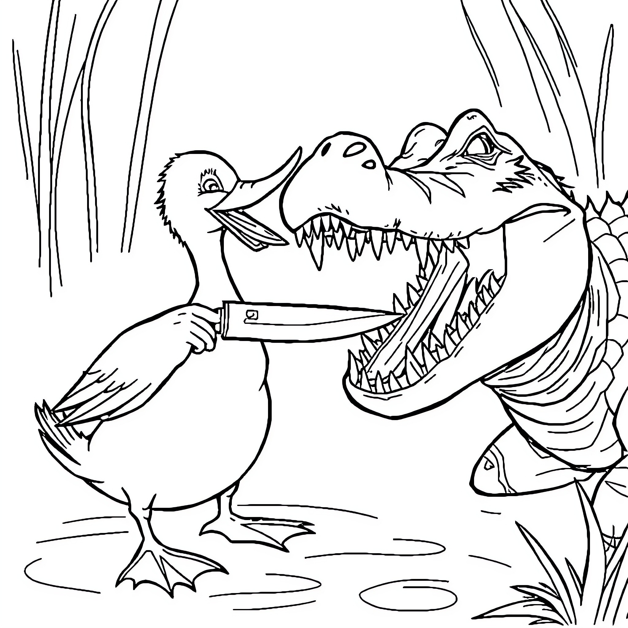 Duck confronting an alligator in the wild Coloring Page (free black-and-white line drawing printable PDF for all, from beginners to advanced learners, including children, teens, adults, and seniors)