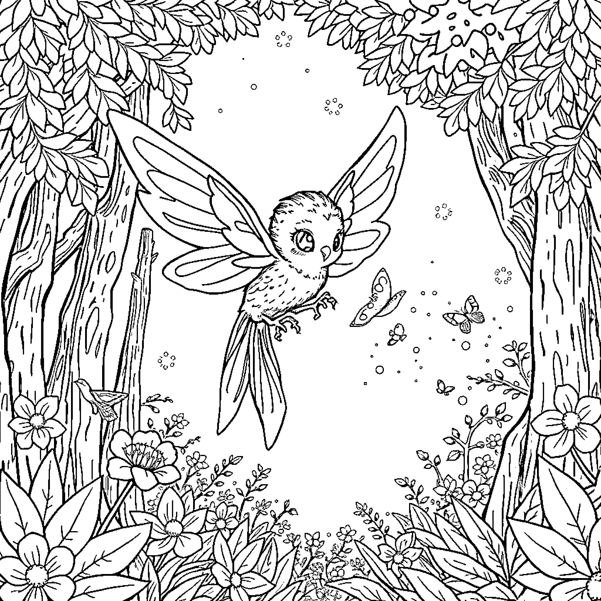 Hada Fairy Soaring Among Enchanted Foliage Coloring Page (free black-and-white line drawing printable PDF for all, from beginners to advanced learners, including children, teens, adults, and seniors)