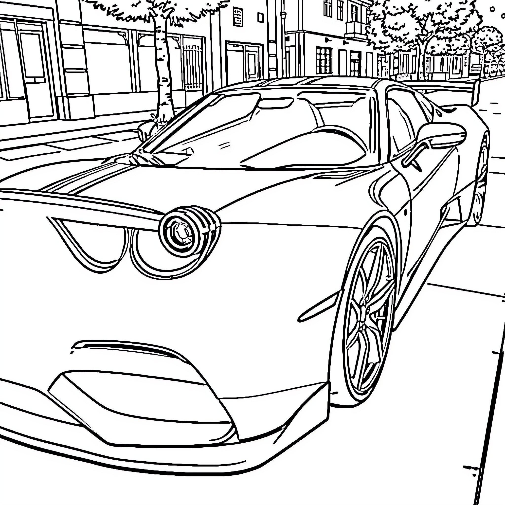 Sports Car Parked on City Street Coloring Page (free black-and-white line drawing printable PDF for all, from beginners to advanced learners, including children, teens, adults, and seniors)