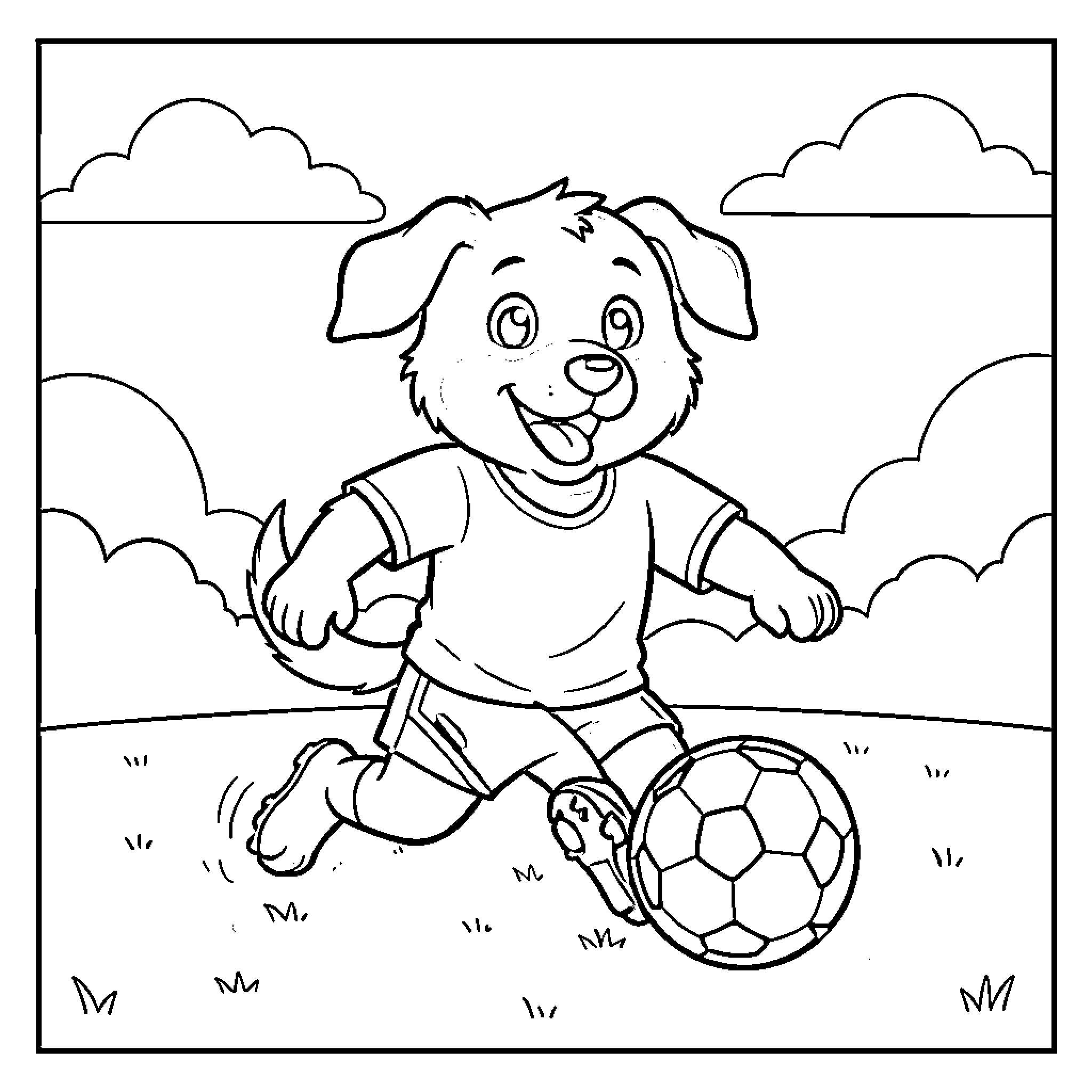 Dog playing joyfully with soccer ball in field Coloring Page (free black-and-white line drawing printable PDF for all, from beginners to advanced learners, including children, teens, adults, and seniors)
