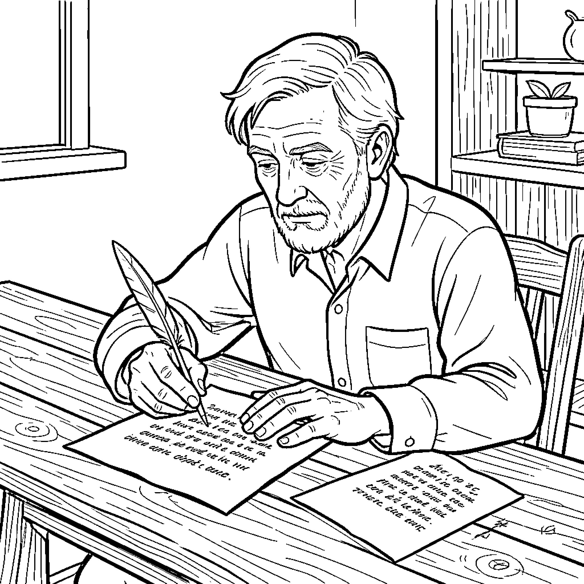 Jacques writing thoughtfully at a wooden desk Coloring Page (free black-and-white line drawing printable PDF for all, from beginners to advanced learners, including children, teens, adults, and seniors)