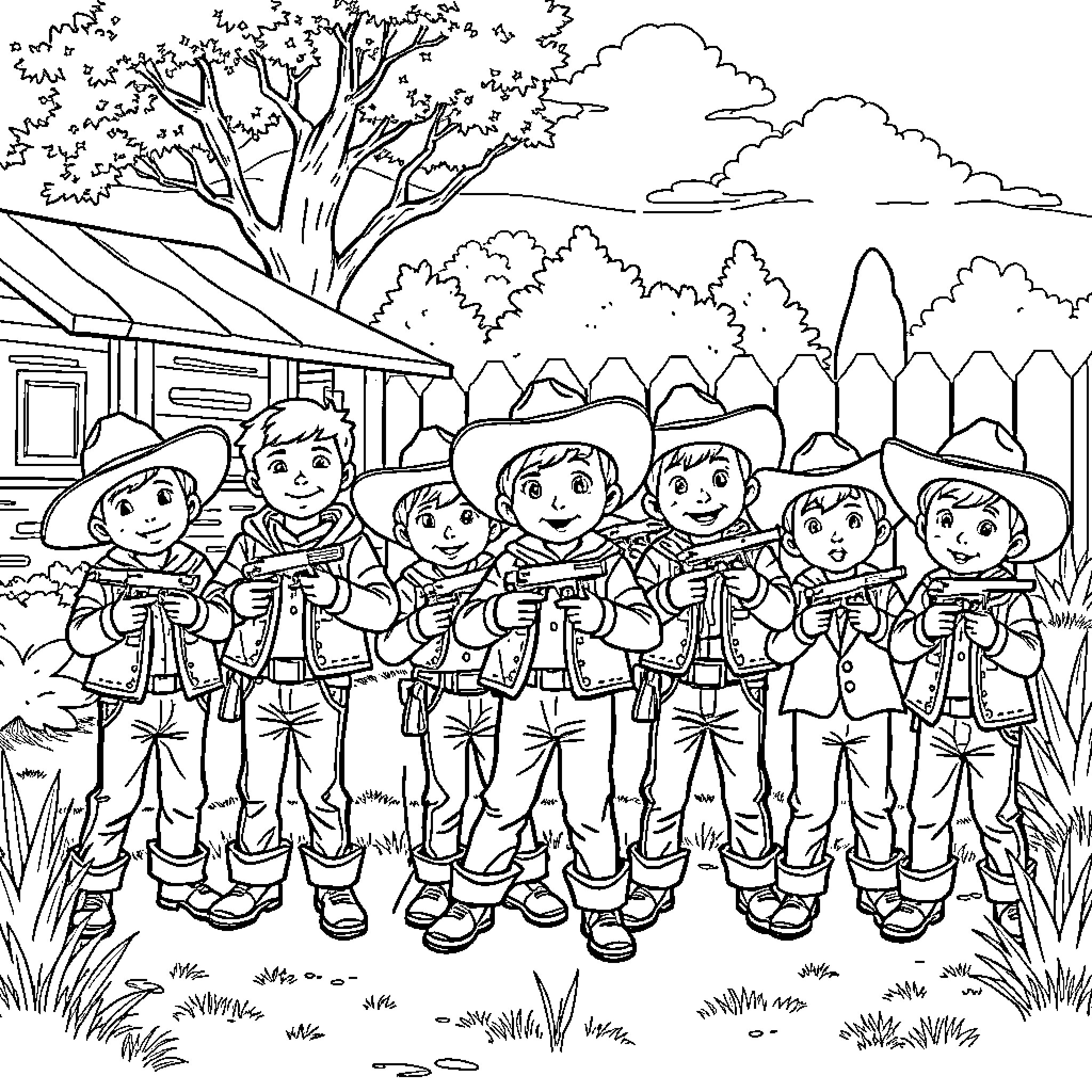 Boy scouts exploring the outdoors in nature Coloring Page (free black-and-white line drawing printable PDF for all, from beginners to advanced learners, including children, teens, adults, and seniors)
