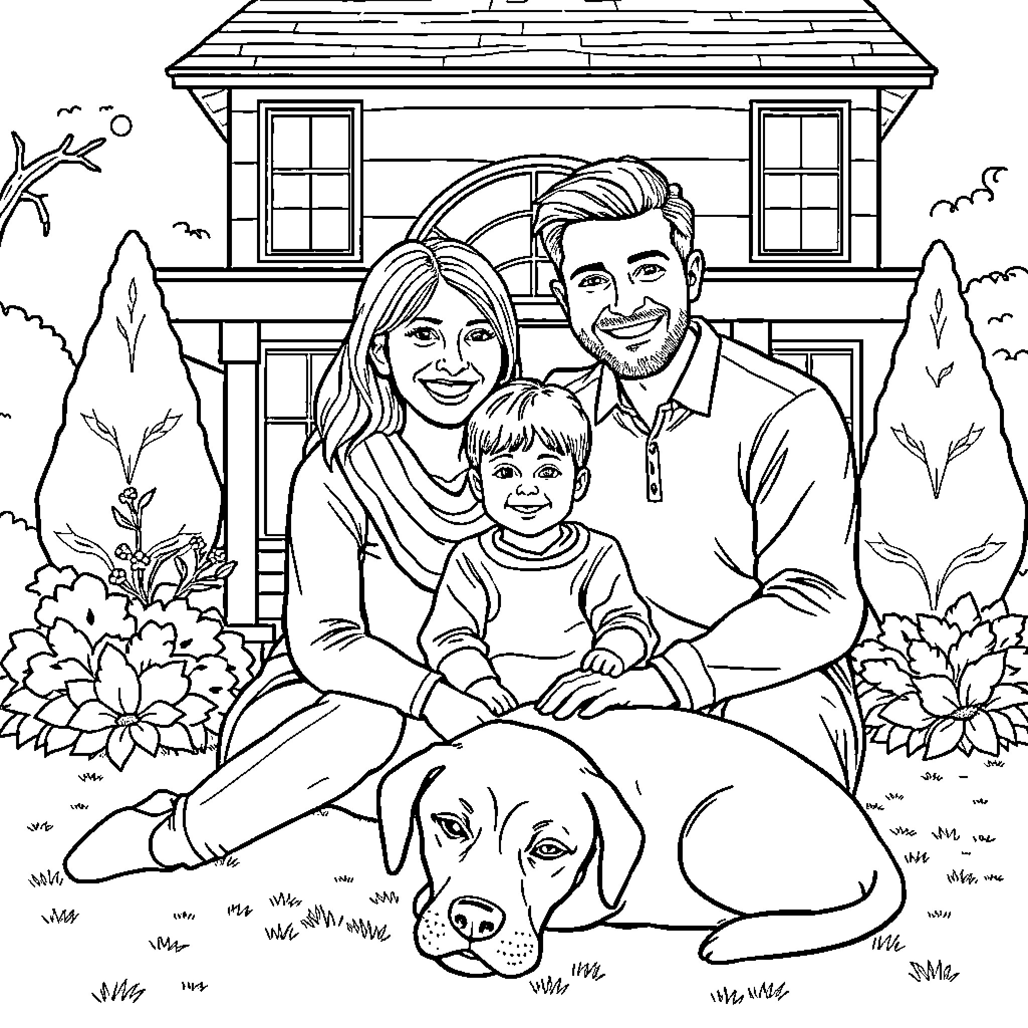 Family enjoying a cozy day at home Coloring Page (free black-and-white line drawing printable PDF for all, from beginners to advanced learners, including children, teens, adults, and seniors)