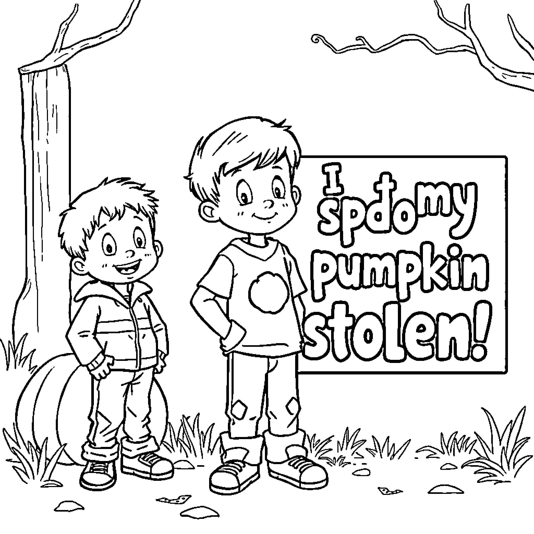 Kids Find Pumpkin Stolen from Fall Scene Coloring Page (free black-and-white line drawing printable PDF for all, from beginners to advanced learners, including children, teens, adults, and seniors)