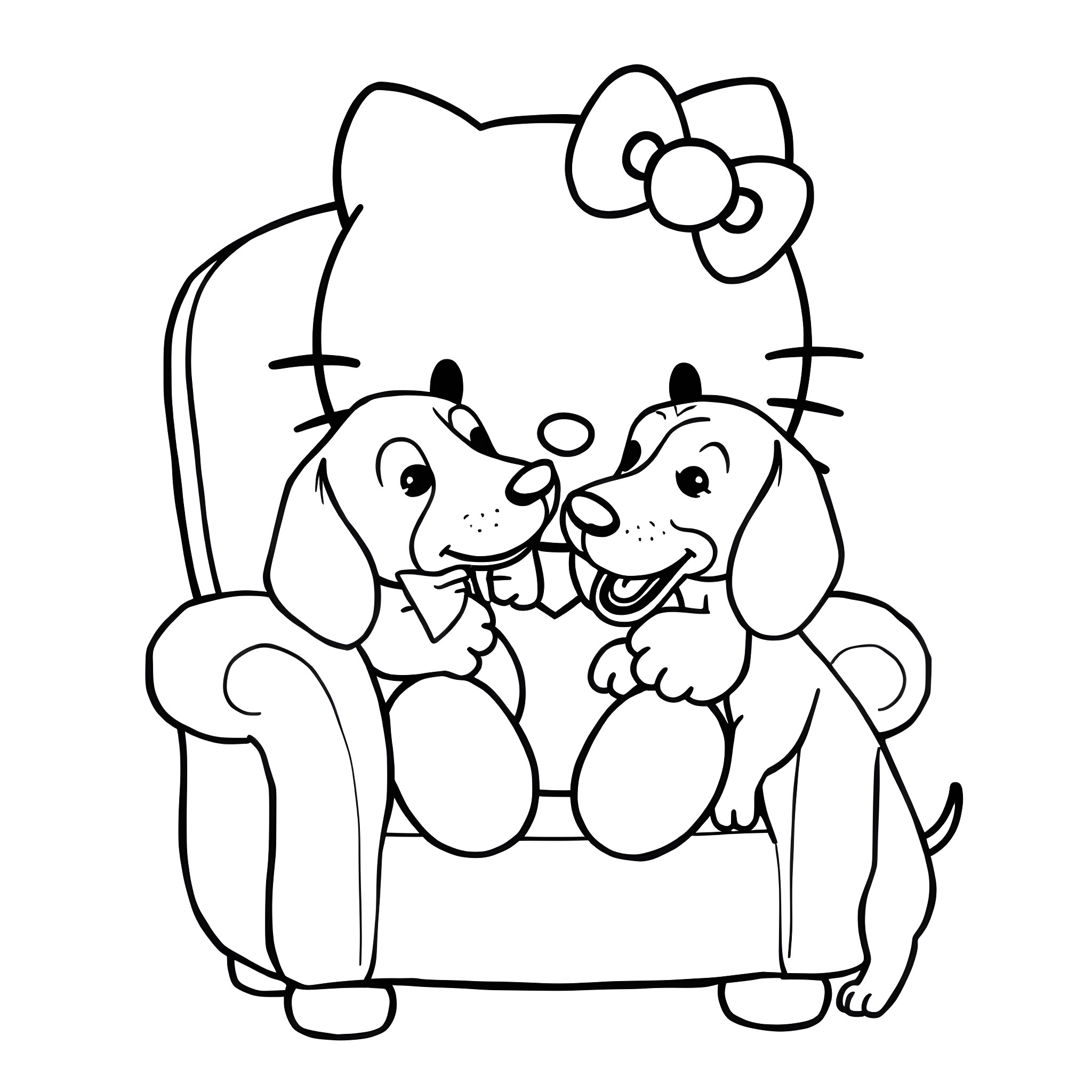 Hello Kitty sitting with puppies on a couch Coloring Page (free black-and-white line drawing printable PDF for all, from beginners to advanced learners, including children, teens, adults, and seniors)