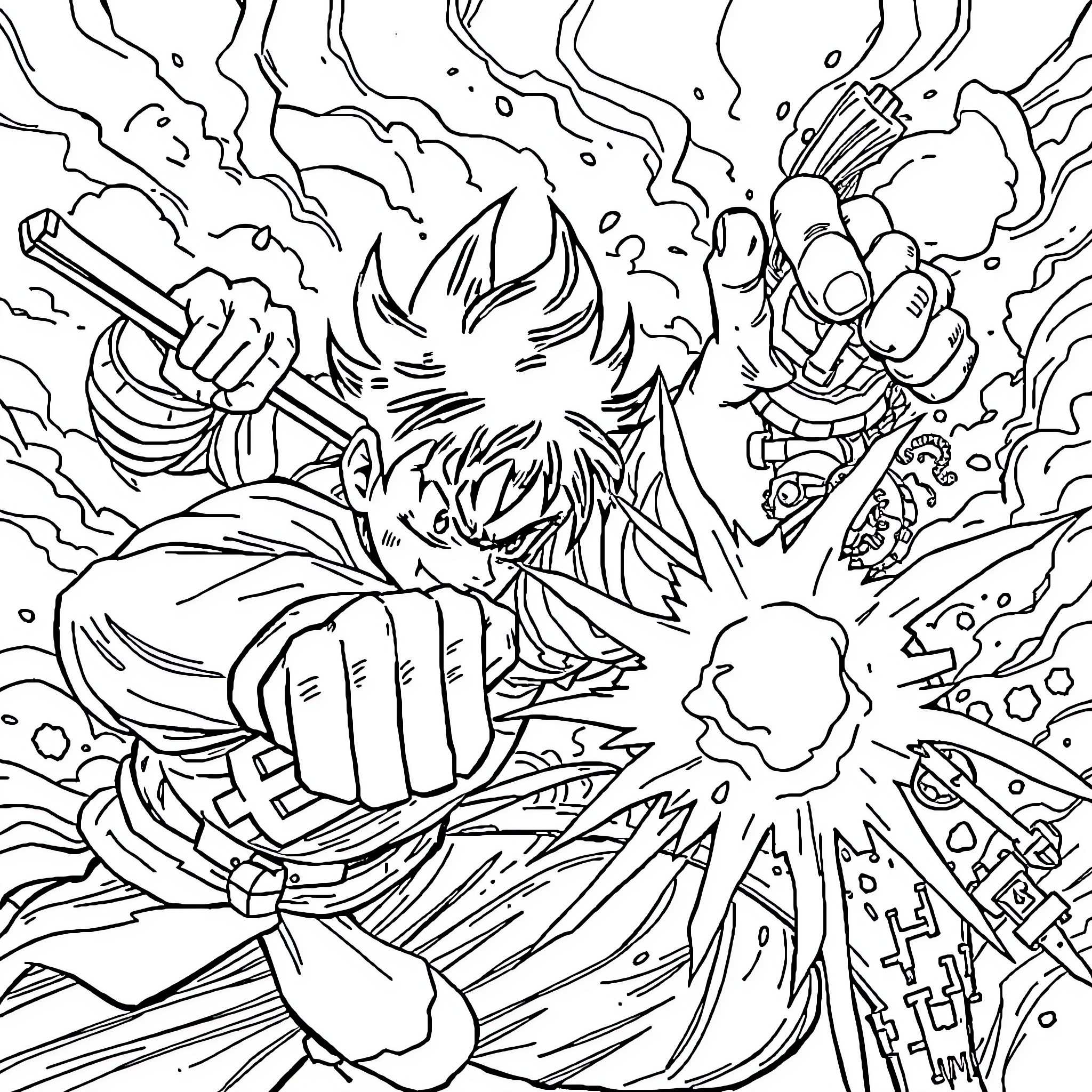 Tanjiro's Fierce Battle with Demonic Foes Coloring Page (free black-and-white line drawing printable PDF for all, from beginners to advanced learners, including children, teens, adults, and seniors)