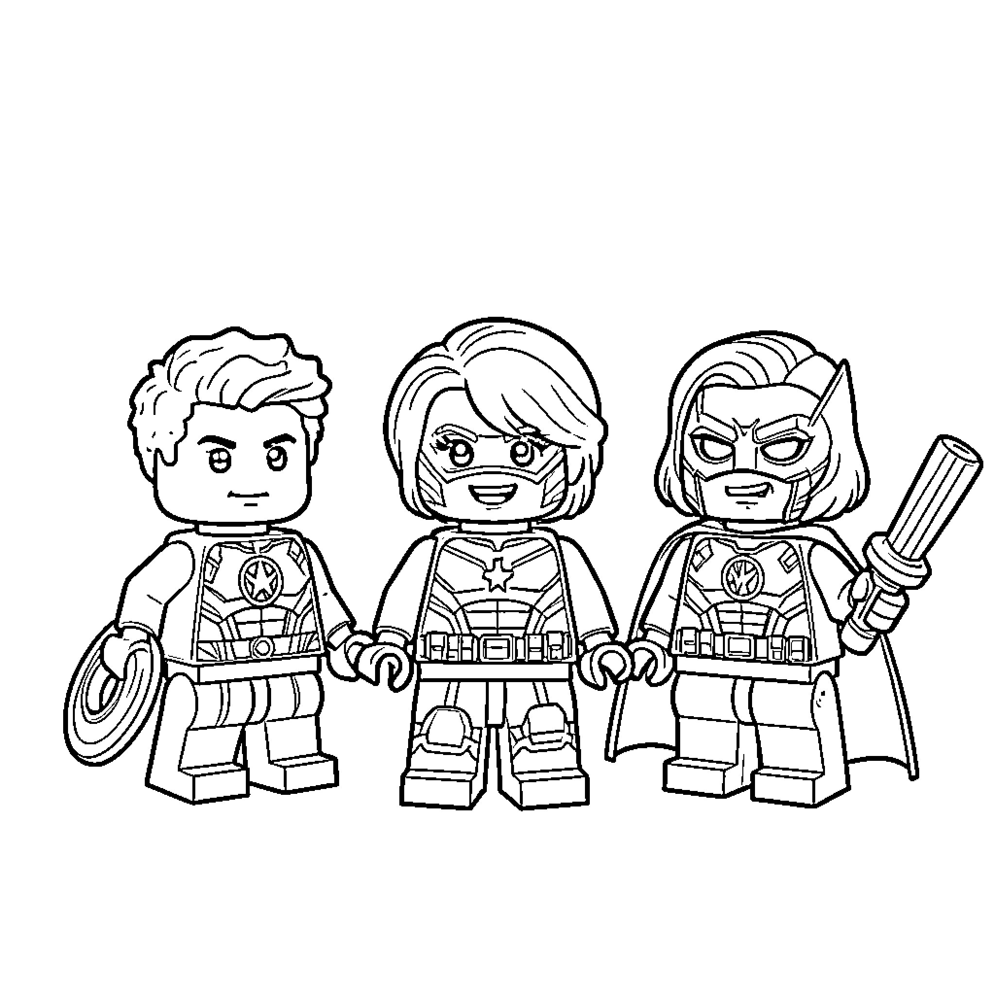Chibi Avengers posing heroically in superhero costumes Coloring Page (free black-and-white line drawing printable PDF for all, from beginners to advanced learners, including children, teens, adults, and seniors)
