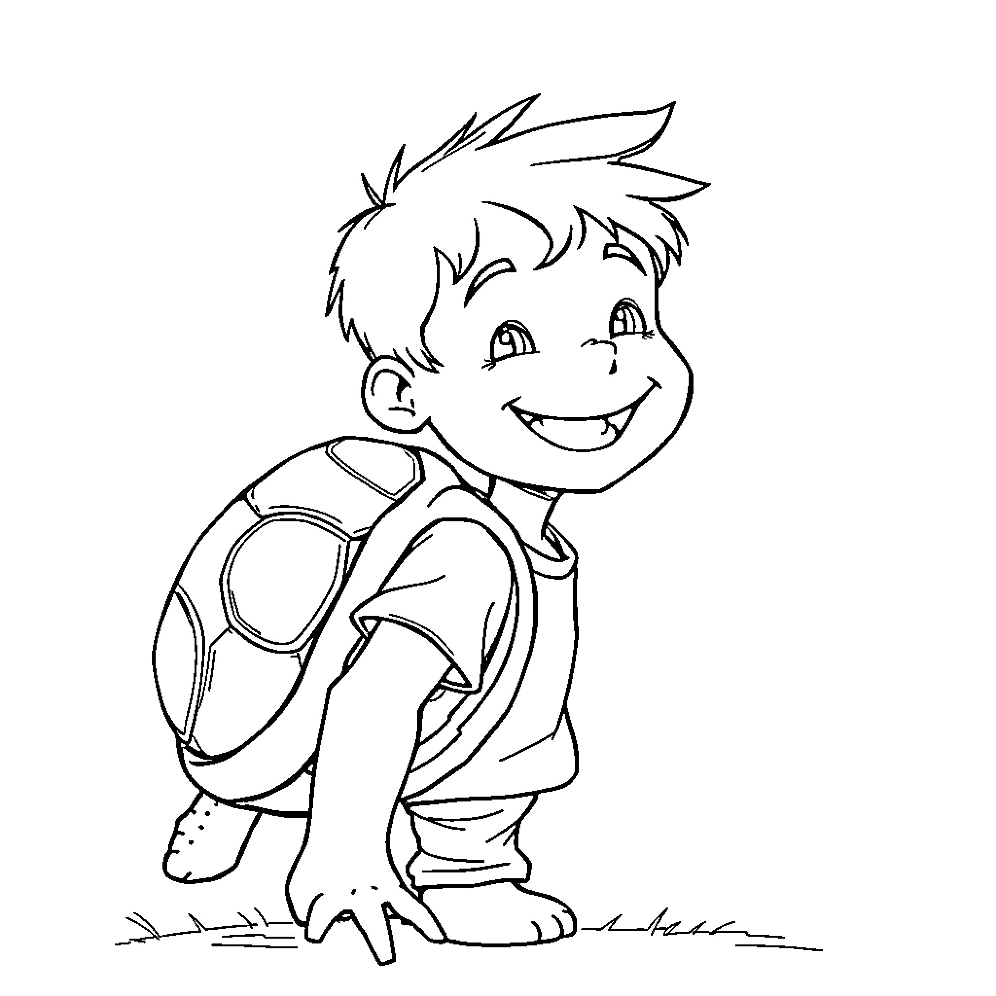 Turtle Boy happily exploring the outdoors Coloring Page (free black-and-white line drawing printable PDF for all, from beginners to advanced learners, including children, teens, adults, and seniors)