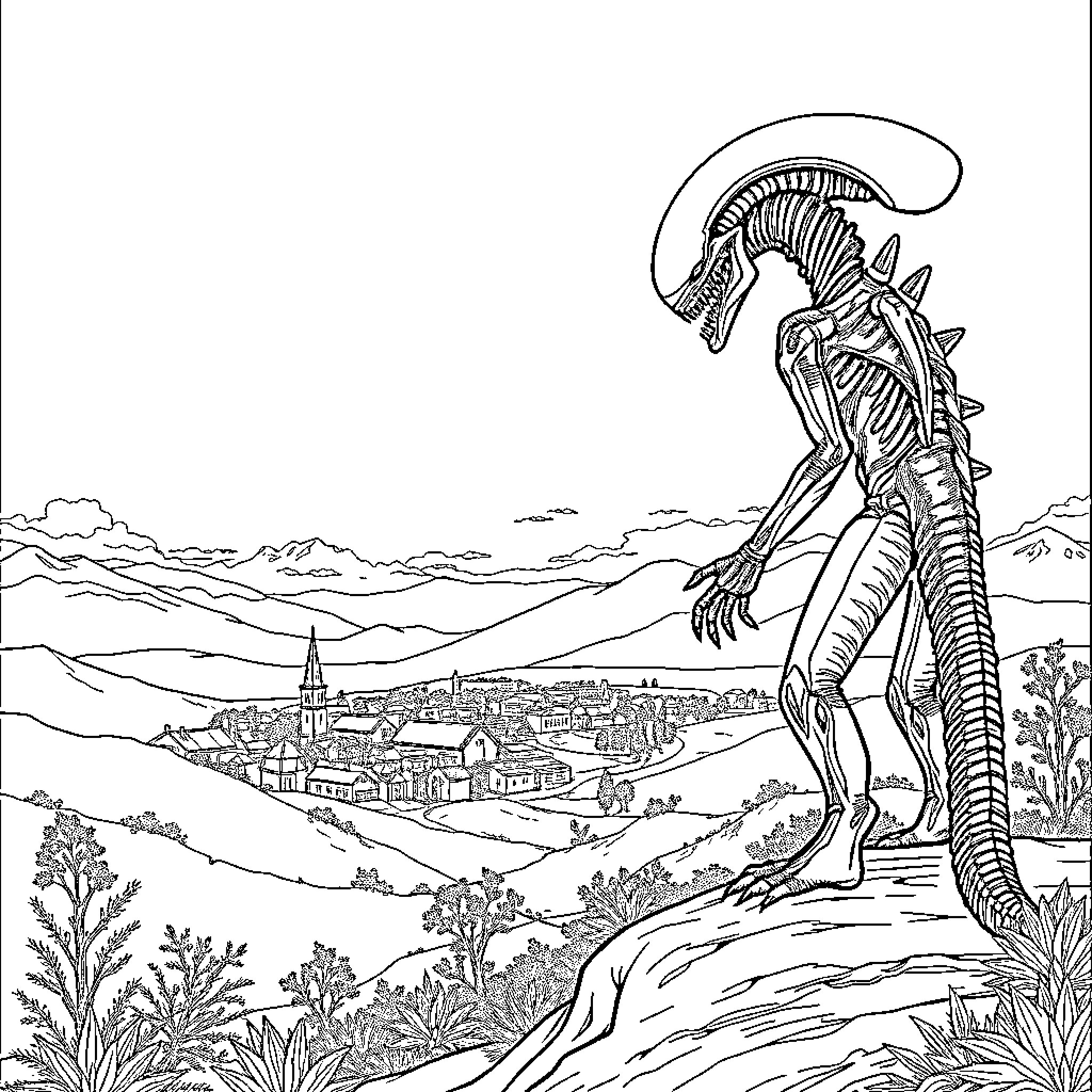 Xenomorph Towering Over Pastoral Landscape Coloring Page (free black-and-white line drawing printable PDF for all, from beginners to advanced learners, including children, teens, adults, and seniors)