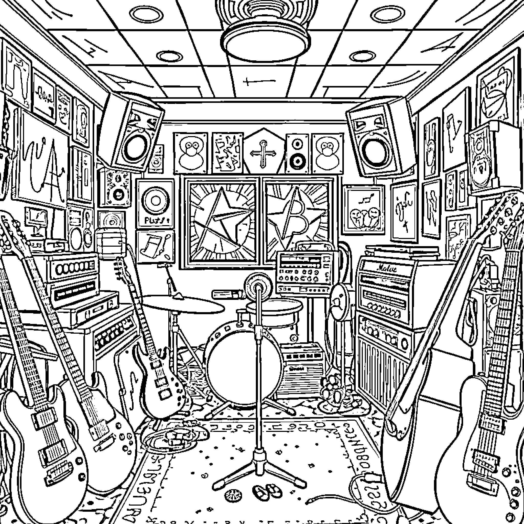 Music Studio with Instruments and Artistic Decor Coloring Page (free black-and-white line drawing printable PDF for all, from beginners to advanced learners, including children, teens, adults, and seniors)