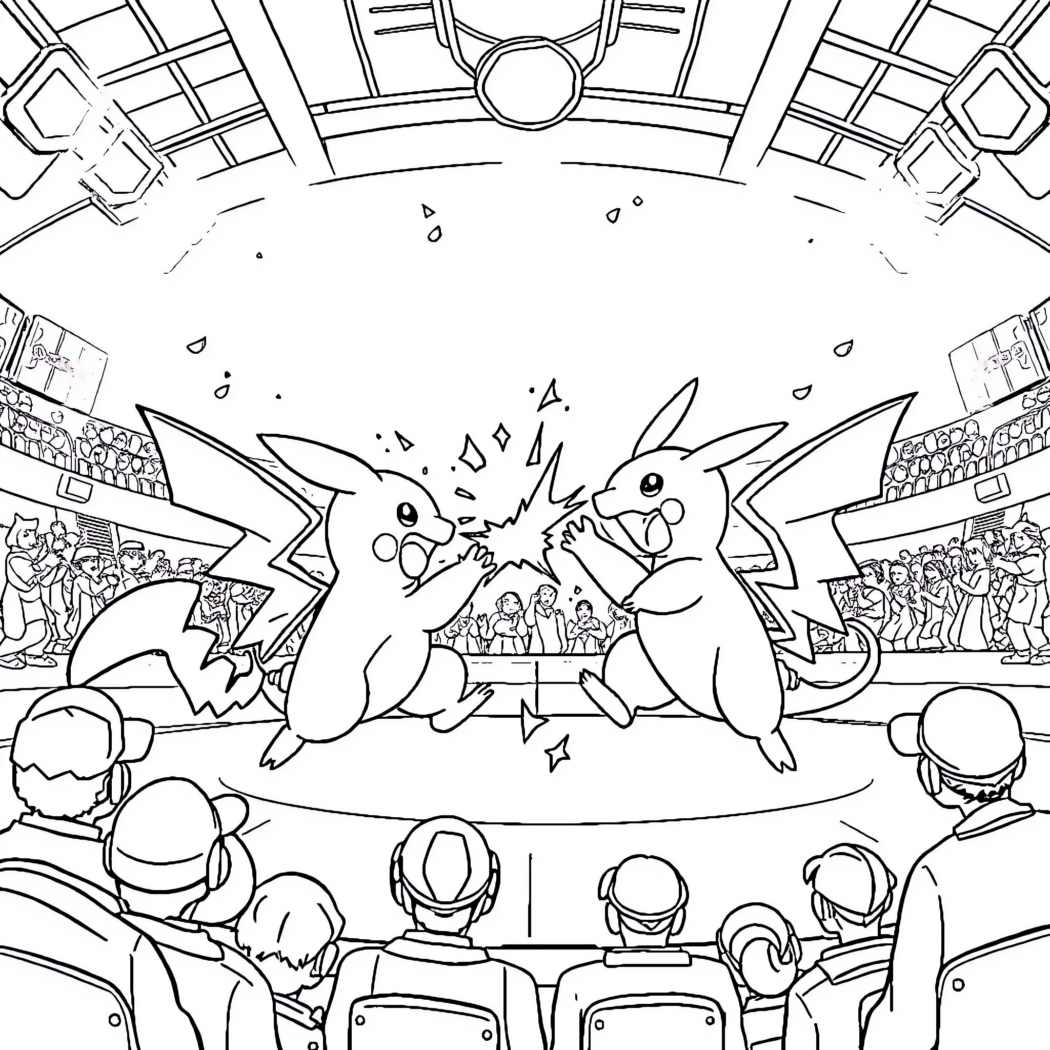 Pokémon Battling Tournament Coloring Page (free black-and-white line drawing printable PDF for all, from beginners to advanced learners, including children, teens, adults, and seniors)