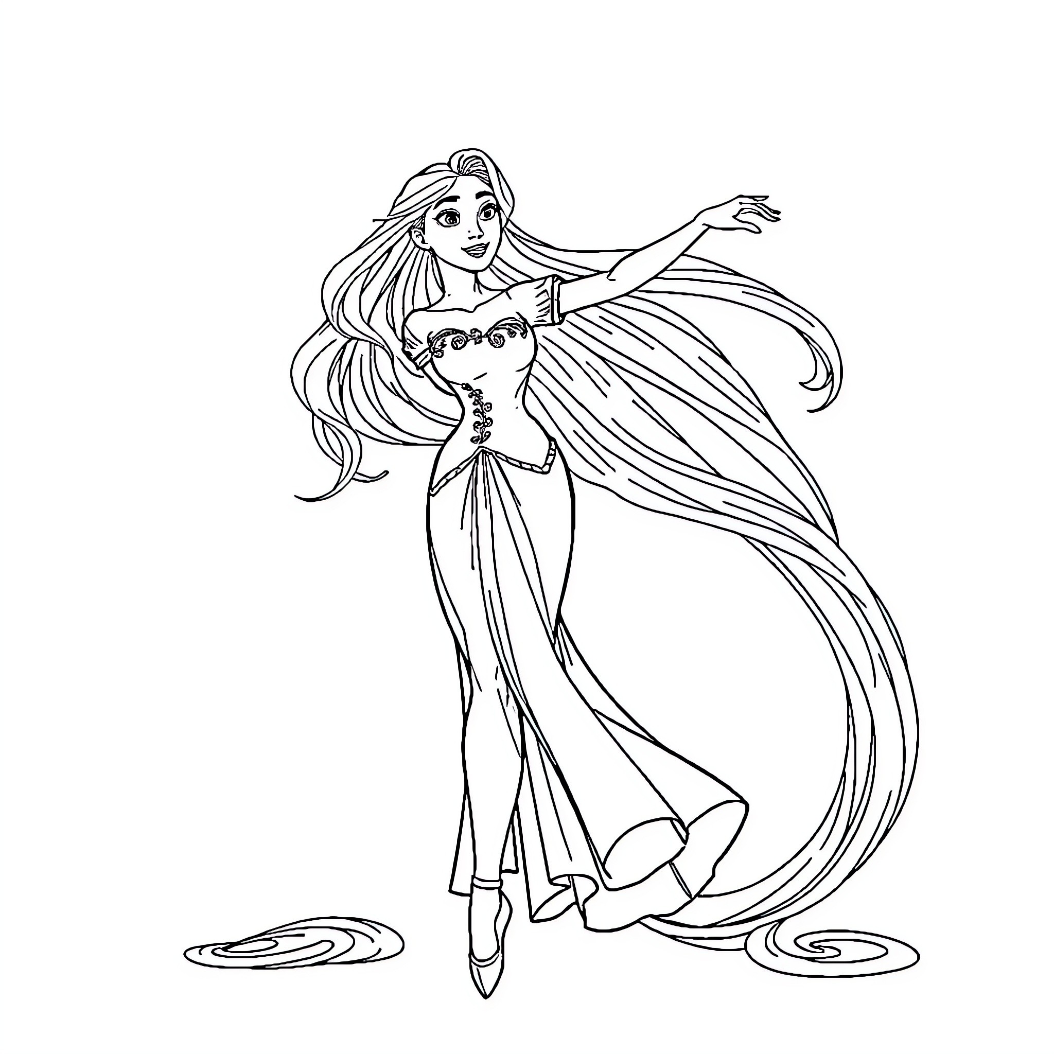 Rapunzel in a flowing dress with expressive gestures Coloring Page (free black-and-white line drawing printable PDF for all, from beginners to advanced learners, including children, teens, adults, and seniors)