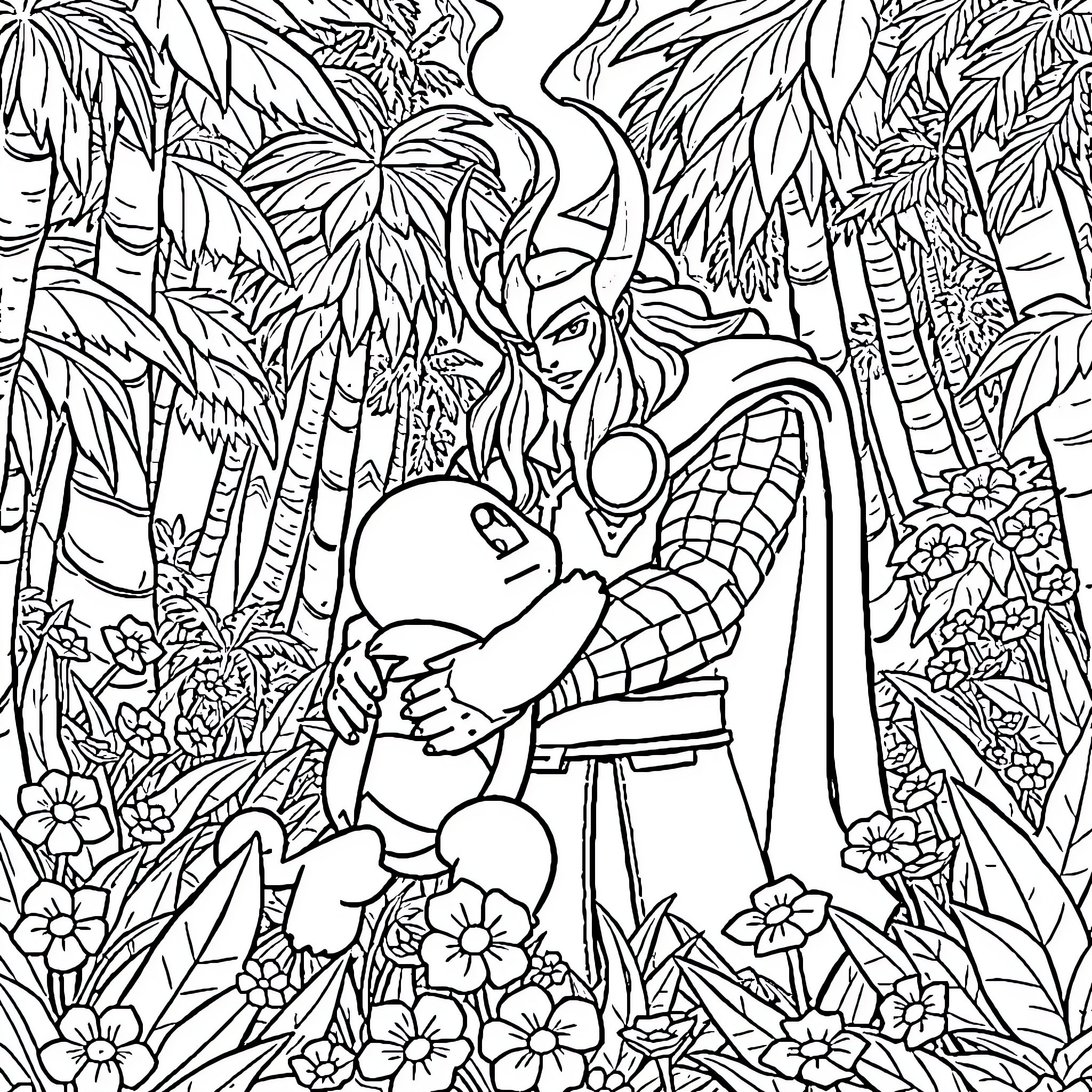 Thor's Jungle Adventure Coloring Page (free black-and-white line drawing printable PDF for all, from beginners to advanced learners, including children, teens, adults, and seniors)