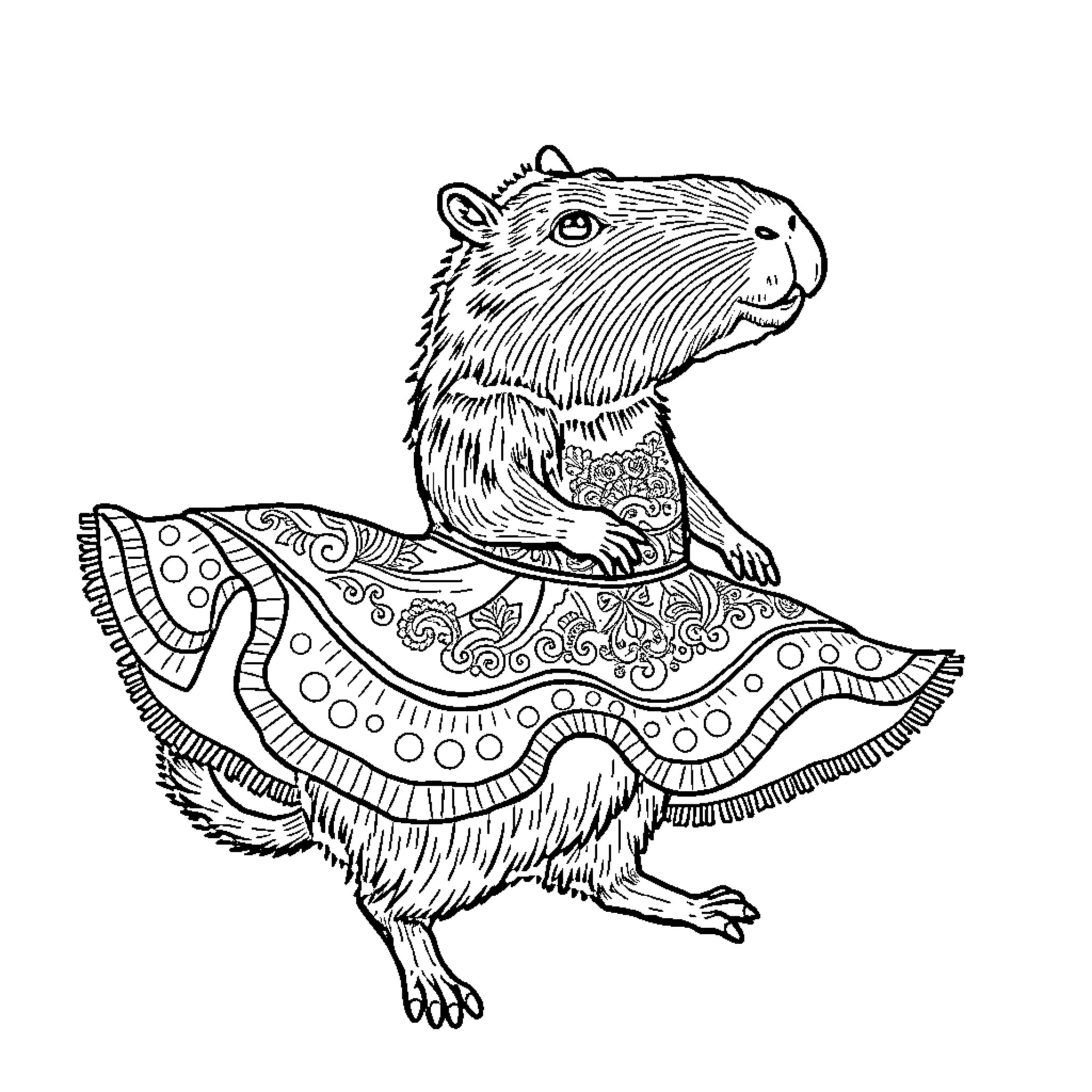 Capybara in intricate decorative pattern Coloring Page (free black-and-white line drawing printable PDF for all, from beginners to advanced learners, including children, teens, adults, and seniors)