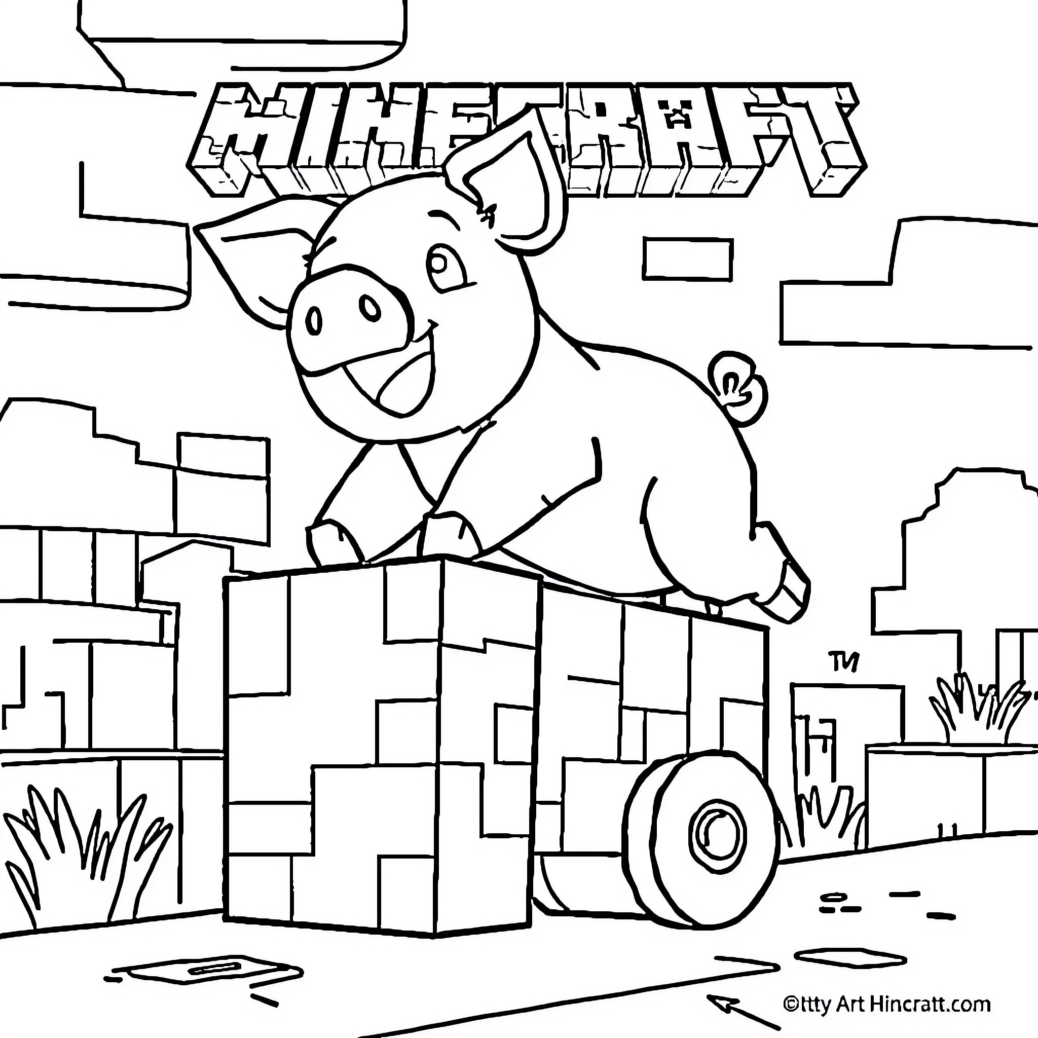 Pig exploring the blocky Minecraft world Coloring Page (free black-and-white line drawing printable PDF for all, from beginners to advanced learners, including children, teens, adults, and seniors)