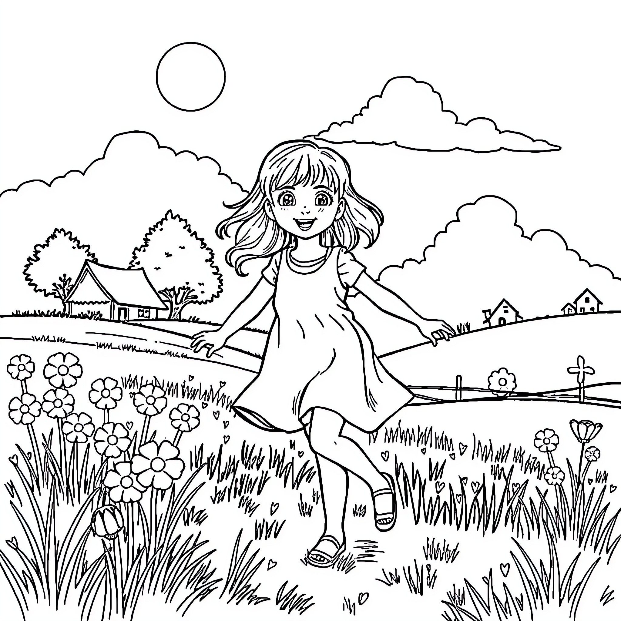 Girl happily running through a meadow Coloring Page (free black-and-white line drawing printable PDF for all, from beginners to advanced learners, including children, teens, adults, and seniors)