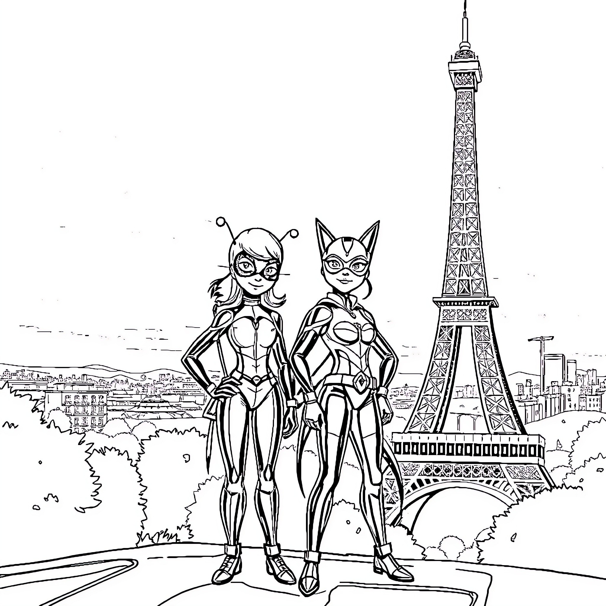 Ladybug superheroes posing in front of Eiffel Tower Coloring Page (free black-and-white line drawing printable PDF for all, from beginners to advanced learners, including children, teens, adults, and seniors)