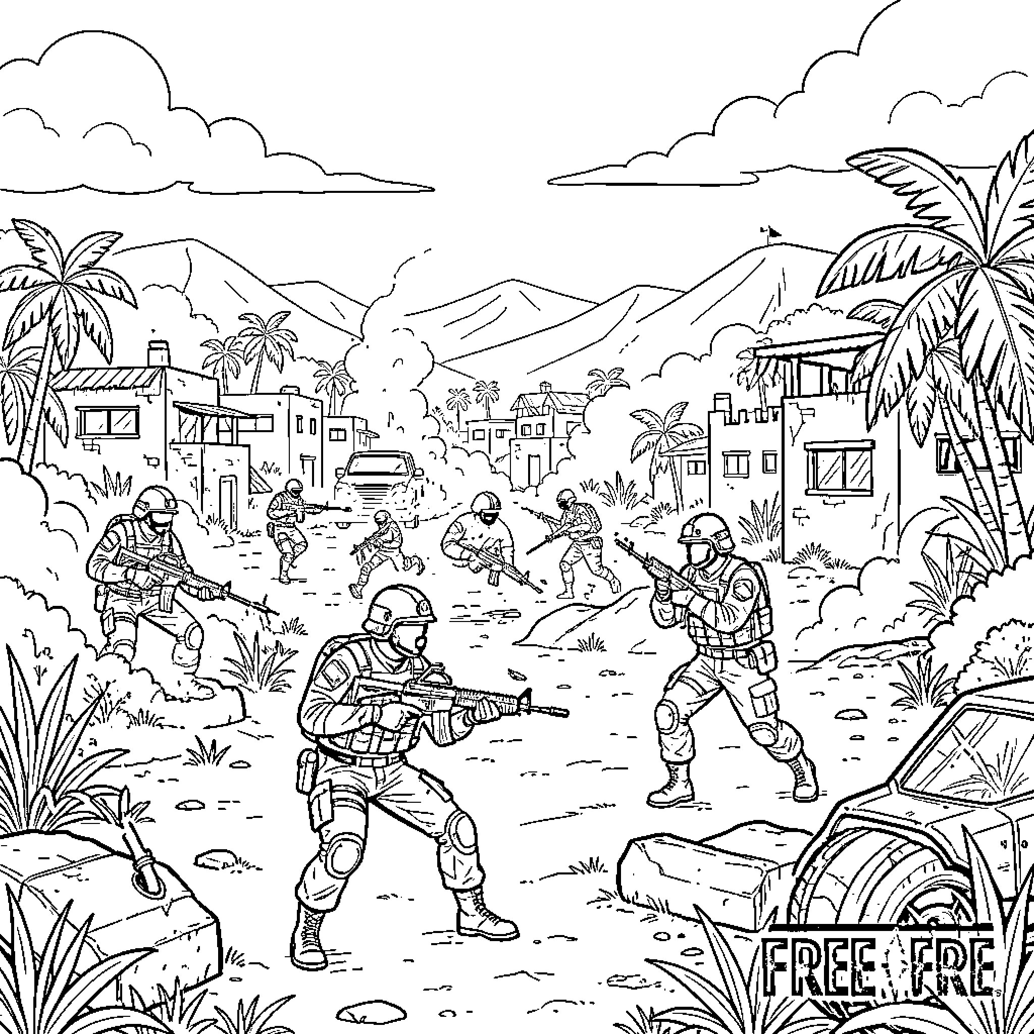 Free Fire soldiers engaging in combat in a village Coloring Page (free black-and-white line drawing printable PDF for all, from beginners to advanced learners, including children, teens, adults, and seniors)