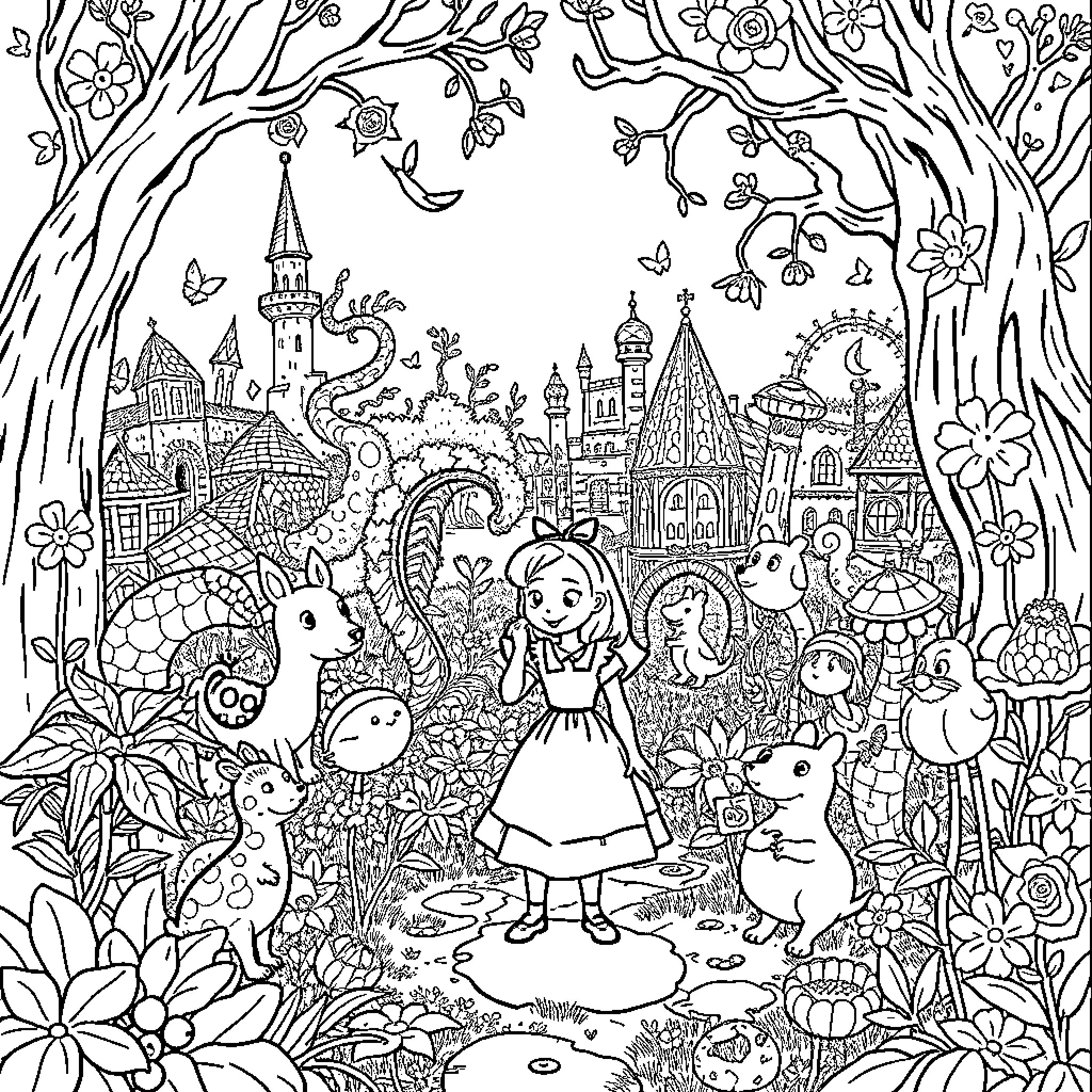 Alice's Whimsical Adventures in a Magical Land Coloring Page (free black-and-white line drawing printable PDF for all, from beginners to advanced learners, including children, teens, adults, and seniors)