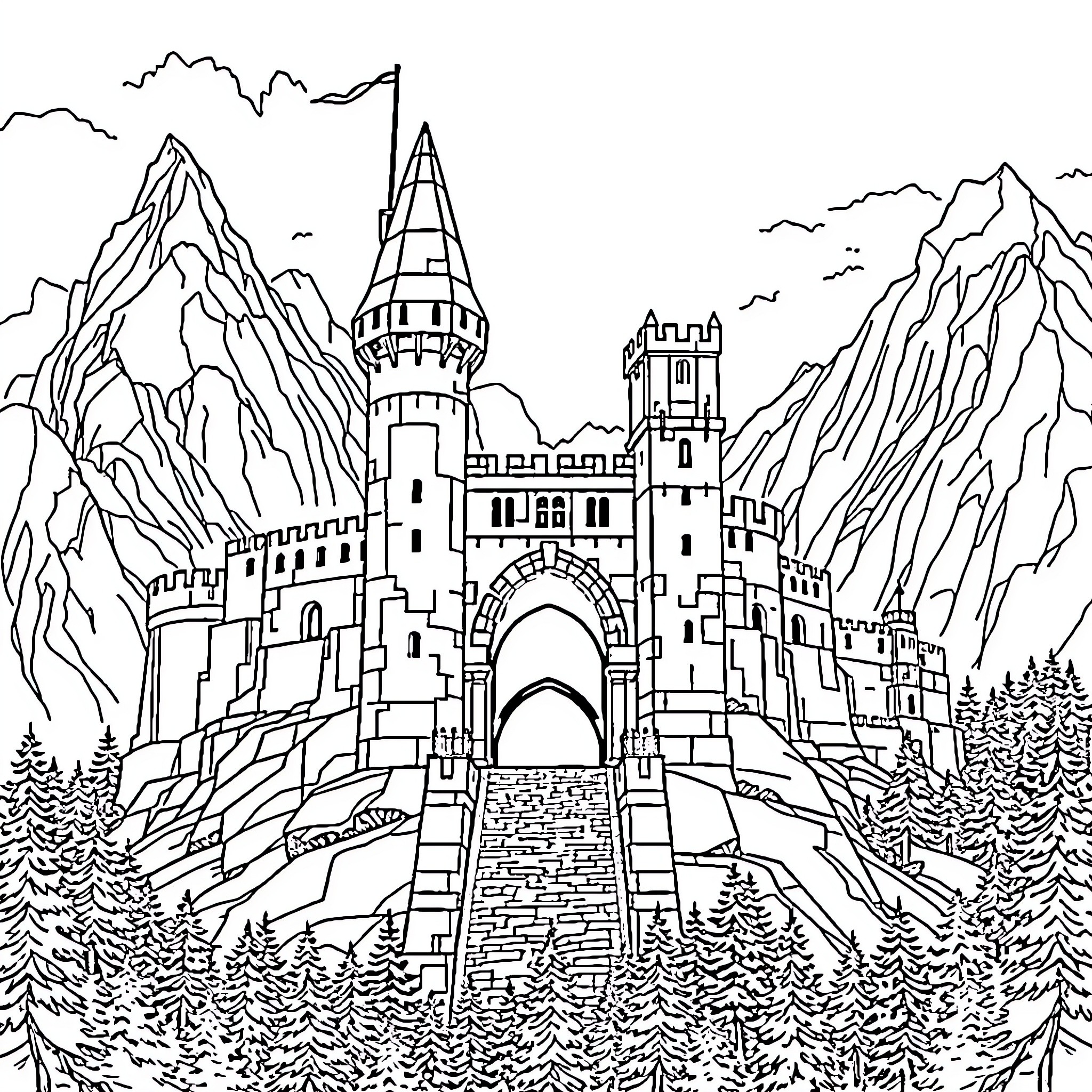 Castle on a Mountainous Landscape Coloring Page (free black-and-white line drawing printable PDF for all, from beginners to advanced learners, including children, teens, adults, and seniors)