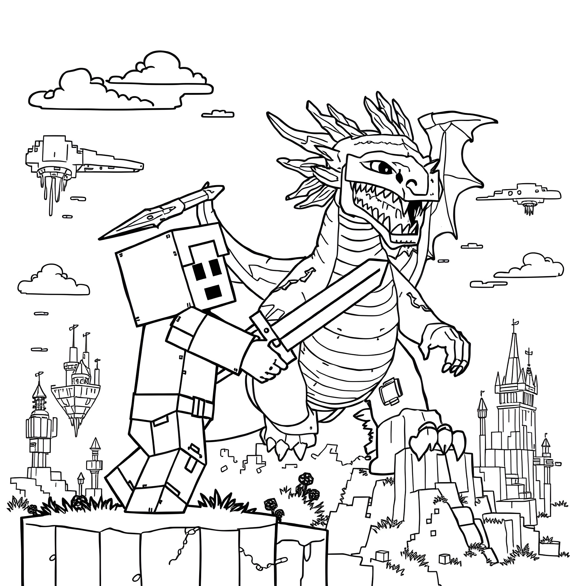 Minecraft Person facing a Fierce Dragon in a Fantastical Landscape Coloring Page (free black-and-white line drawing printable PDF for all, from beginners to advanced learners, including children, teens, adults, and seniors)