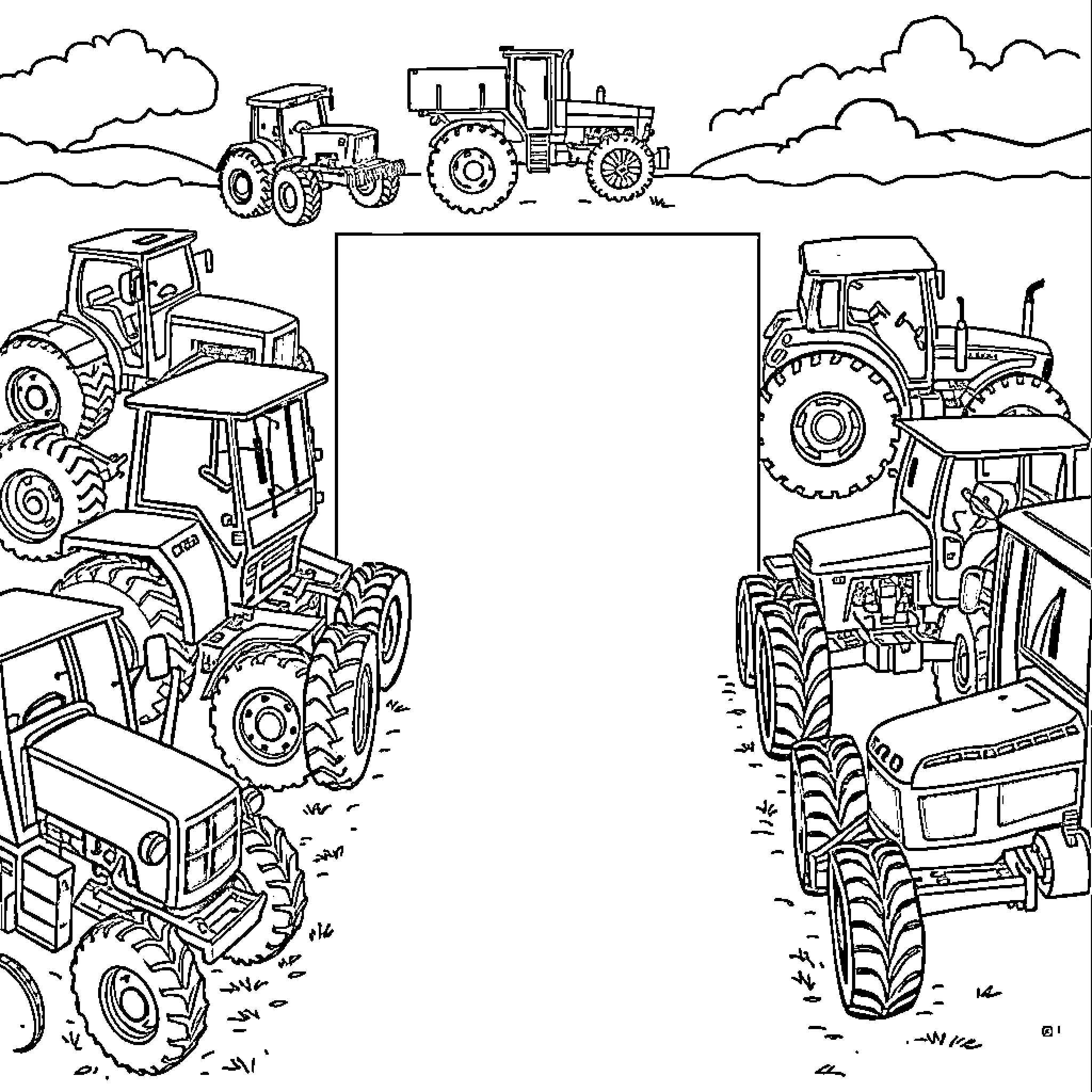 Tractor machinery working in the farm field Coloring Page (free black-and-white line drawing printable PDF for all, from beginners to advanced learners, including children, teens, adults, and seniors)