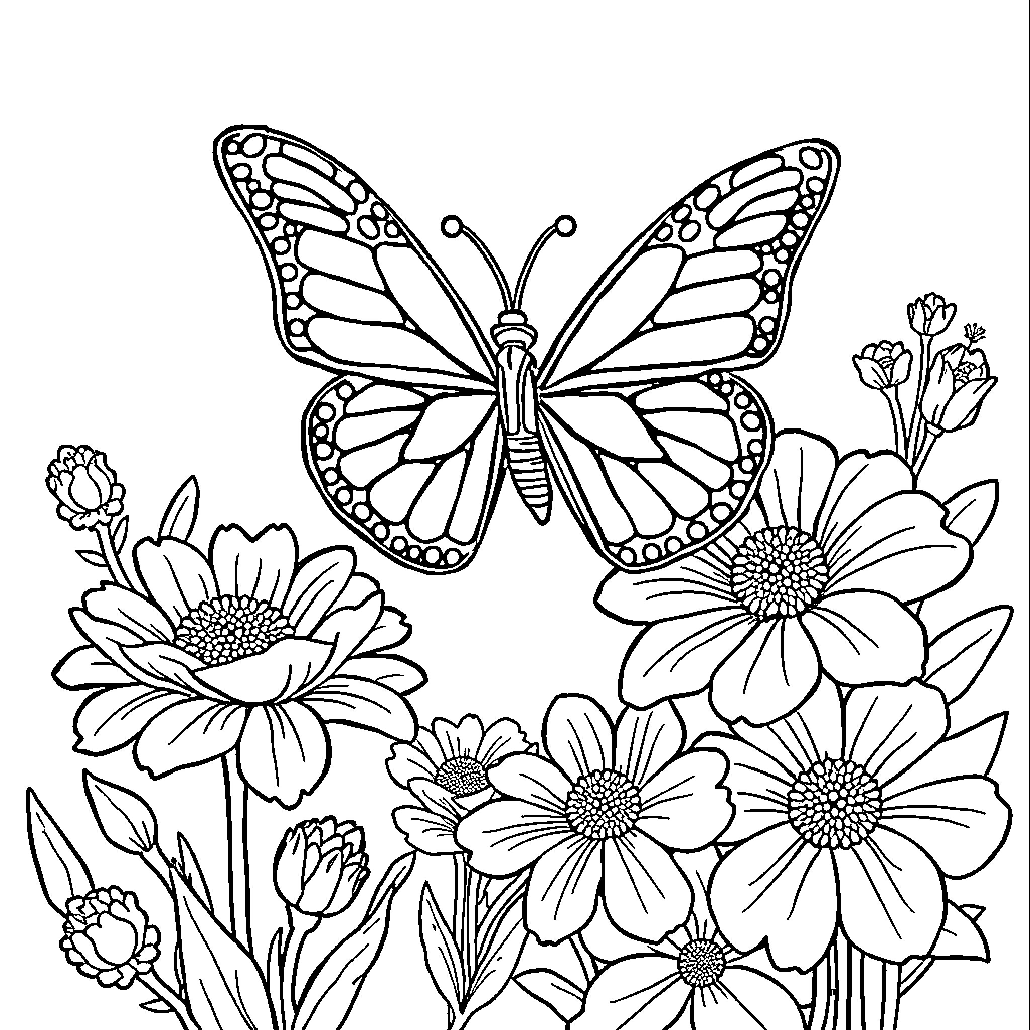 Butterfly amid blooming flowers Coloring Page (free black-and-white line drawing printable PDF for all, from beginners to advanced learners, including children, teens, adults, and seniors)
