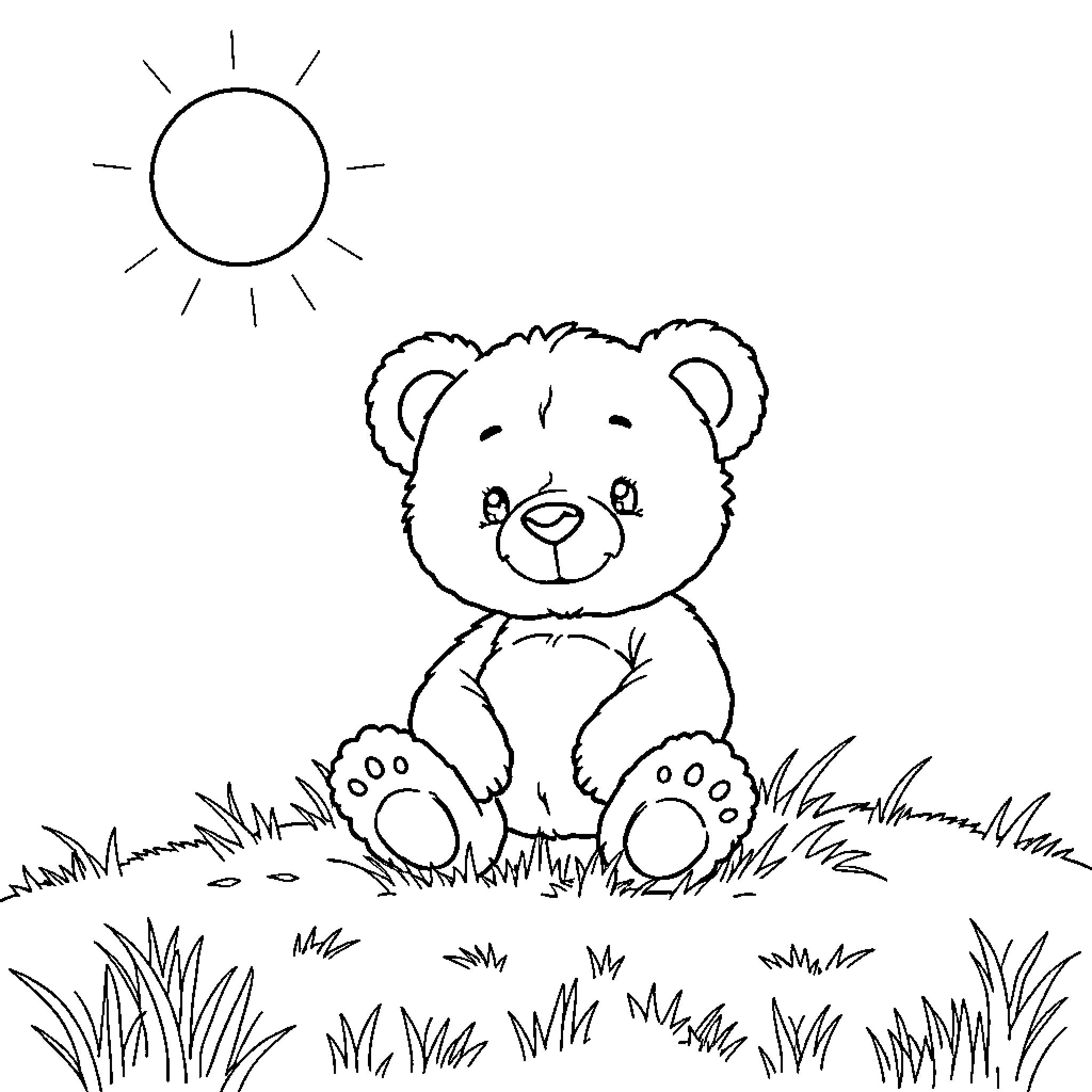 Teddybear sitting happily in the meadow Coloring Page (free black-and-white line drawing printable PDF for all, from beginners to advanced learners, including children, teens, adults, and seniors)