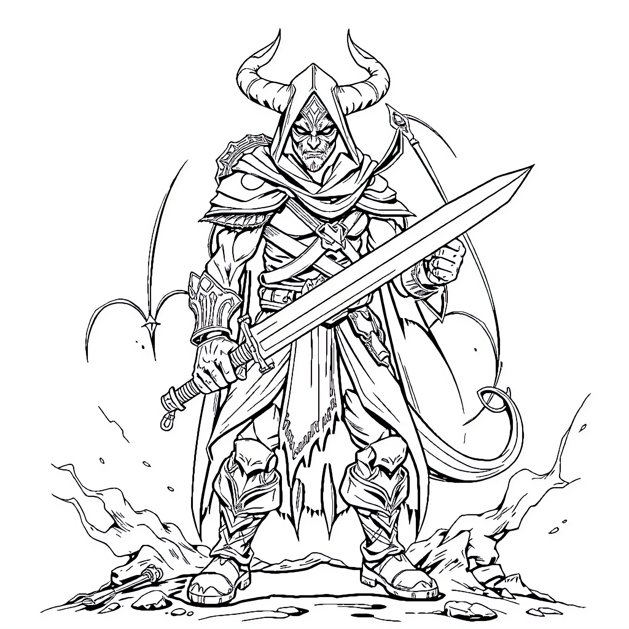 Demon Hunter wielding a powerful sword in battle Coloring Page (free black-and-white line drawing printable PDF for all, from beginners to advanced learners, including children, teens, adults, and seniors)
