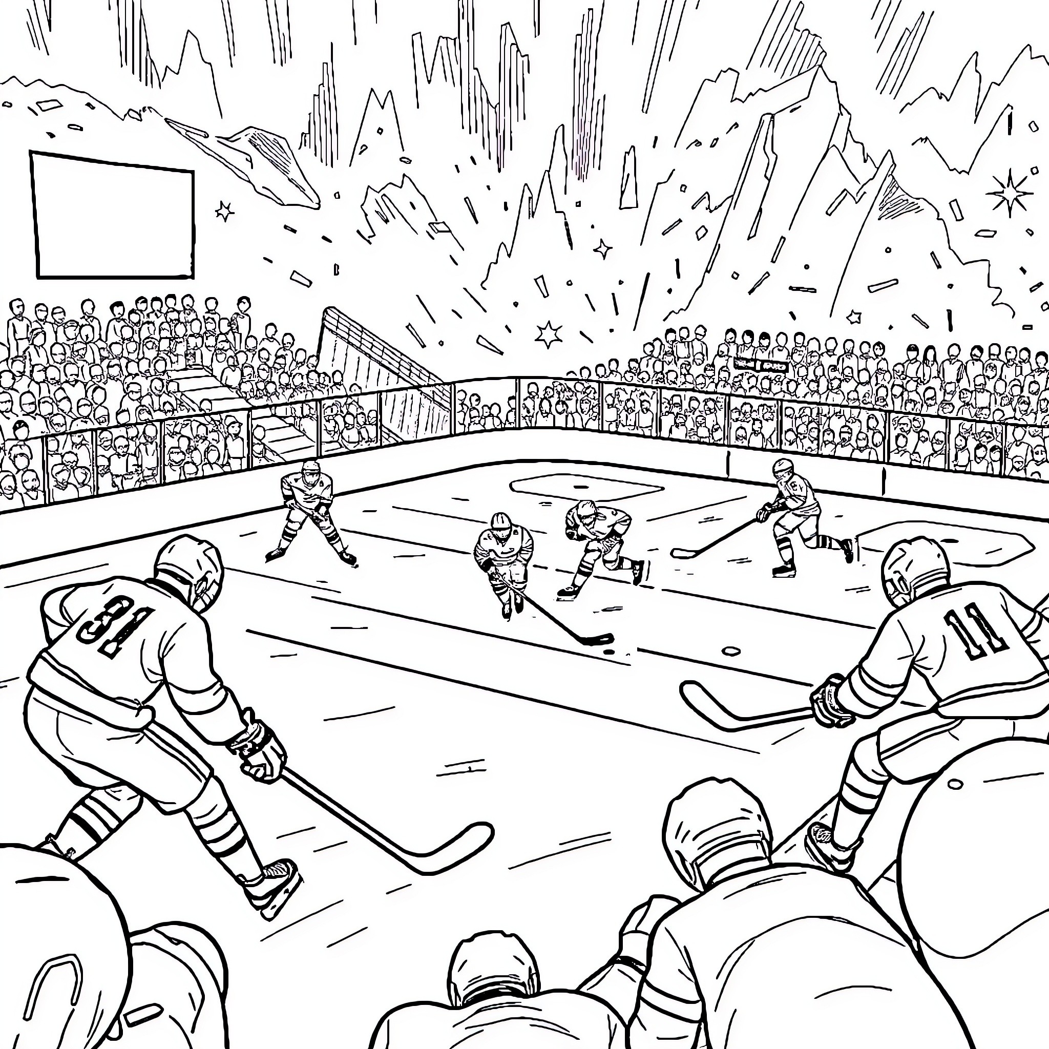 Hockey Game with Intense Action and Atmosphere Coloring Page (free black-and-white line drawing printable PDF for all, from beginners to advanced learners, including children, teens, adults, and seniors)