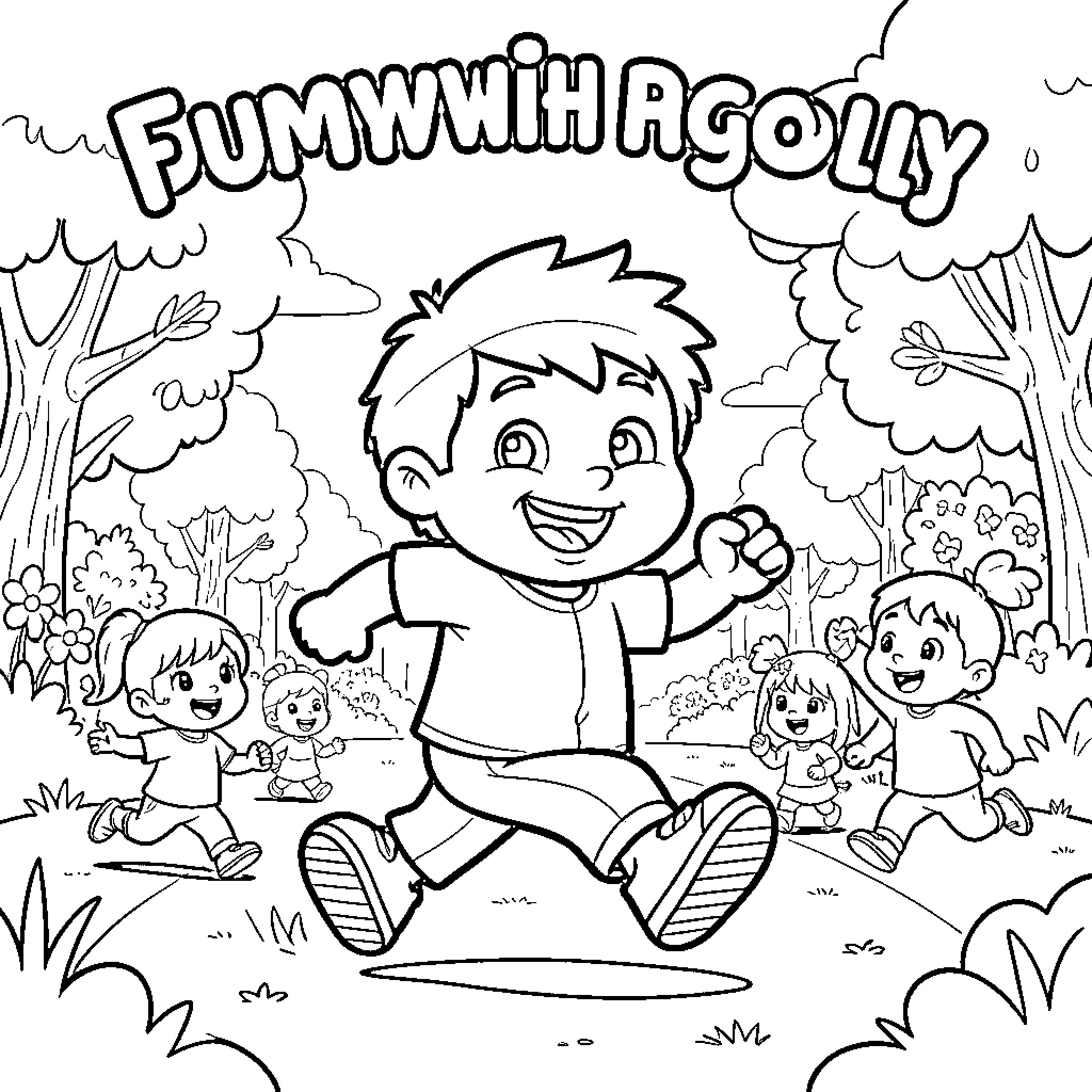 Dummy children running and playing in the forest Coloring Page (free black-and-white line drawing printable PDF for all, from beginners to advanced learners, including children, teens, adults, and seniors)