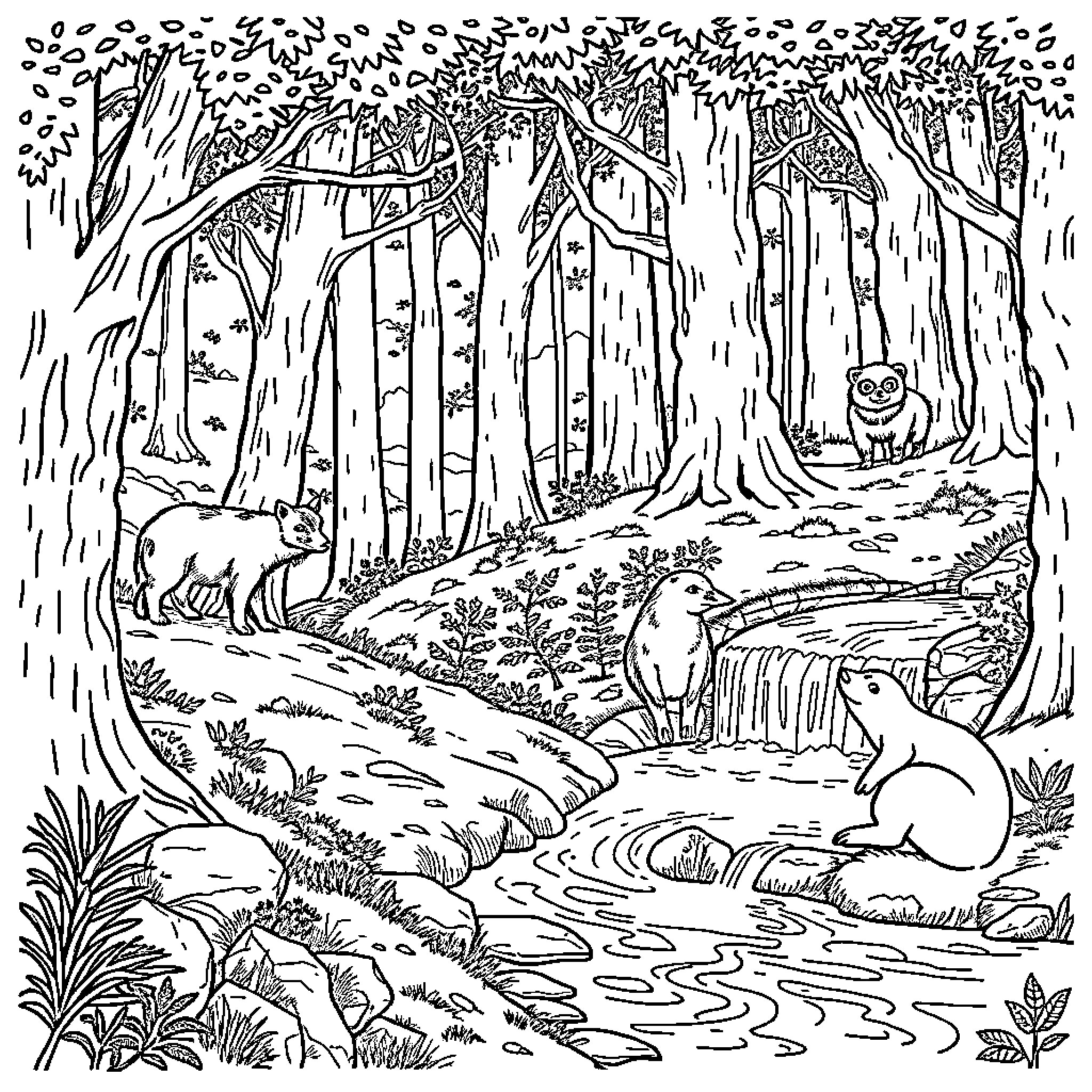 Oso Animals Exploring Lush Forest Habitat Coloring Page (free black-and-white line drawing printable PDF for all, from beginners to advanced learners, including children, teens, adults, and seniors)
