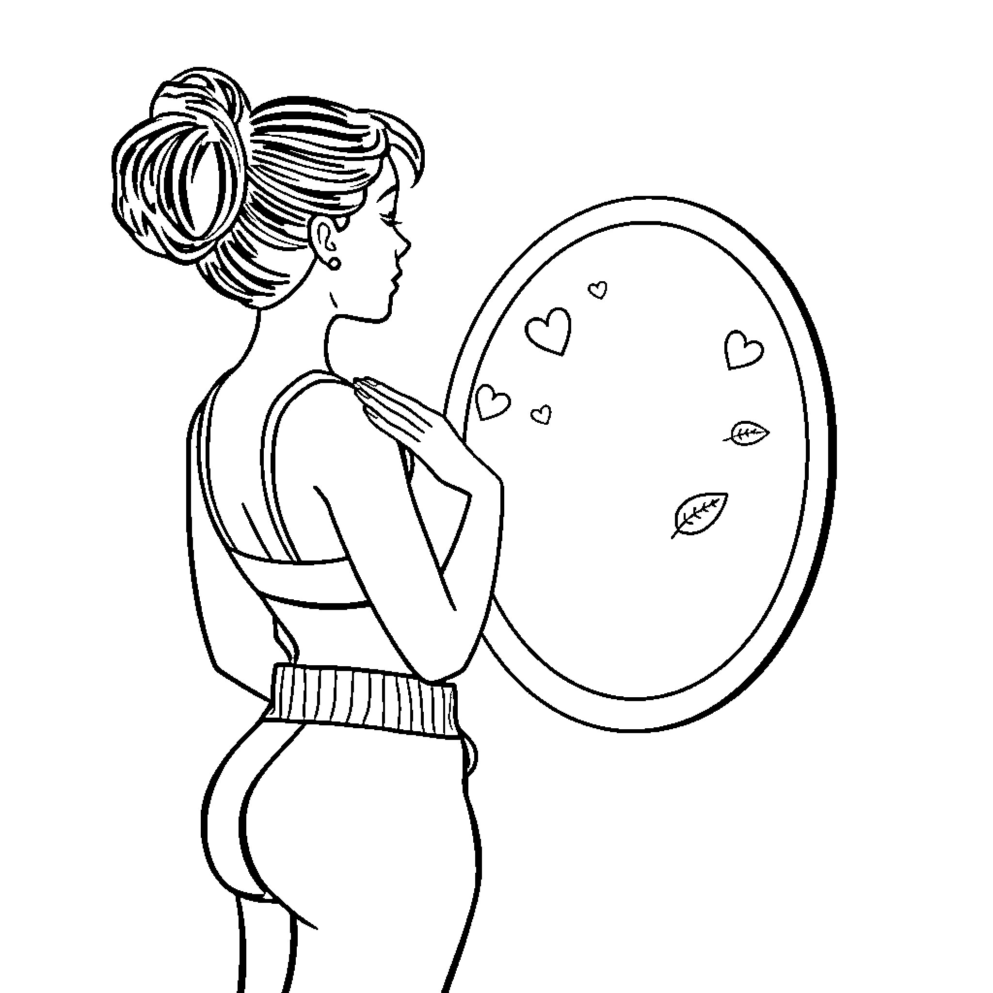 Woman gazing at her reflection in the mirror Coloring Page (free black-and-white line drawing printable PDF for all, from beginners to advanced learners, including children, teens, adults, and seniors)