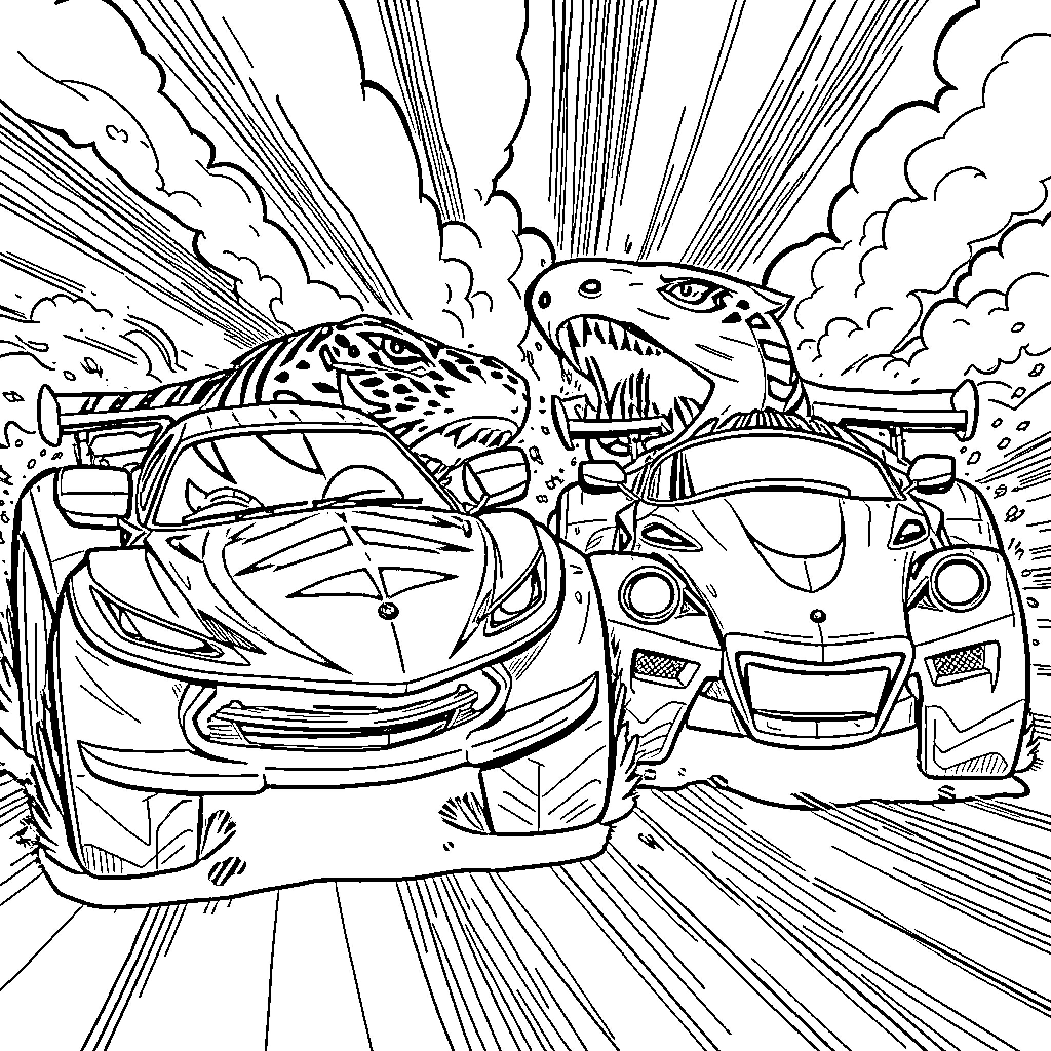 Tigershark Racing Through the Streets Coloring Page (free black-and-white line drawing printable PDF for all, from beginners to advanced learners, including children, teens, adults, and seniors)