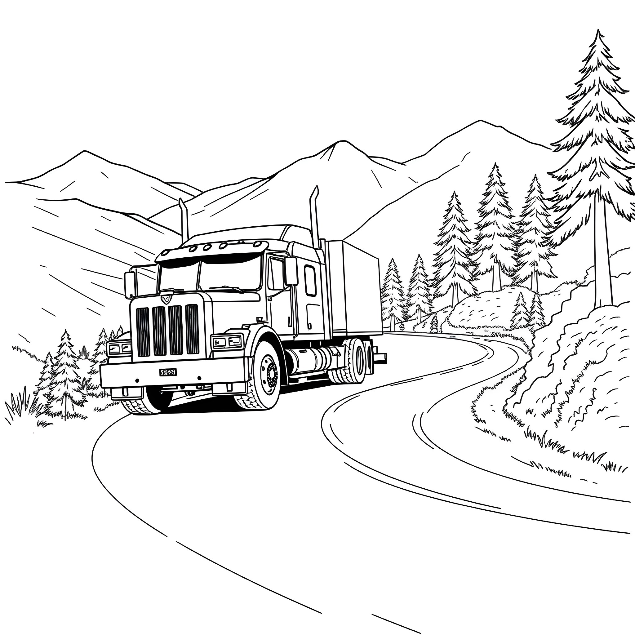Truck carrying goods through scenic mountain landscape Coloring Page (free black-and-white line drawing printable PDF for all, from beginners to advanced learners, including children, teens, adults, and seniors)