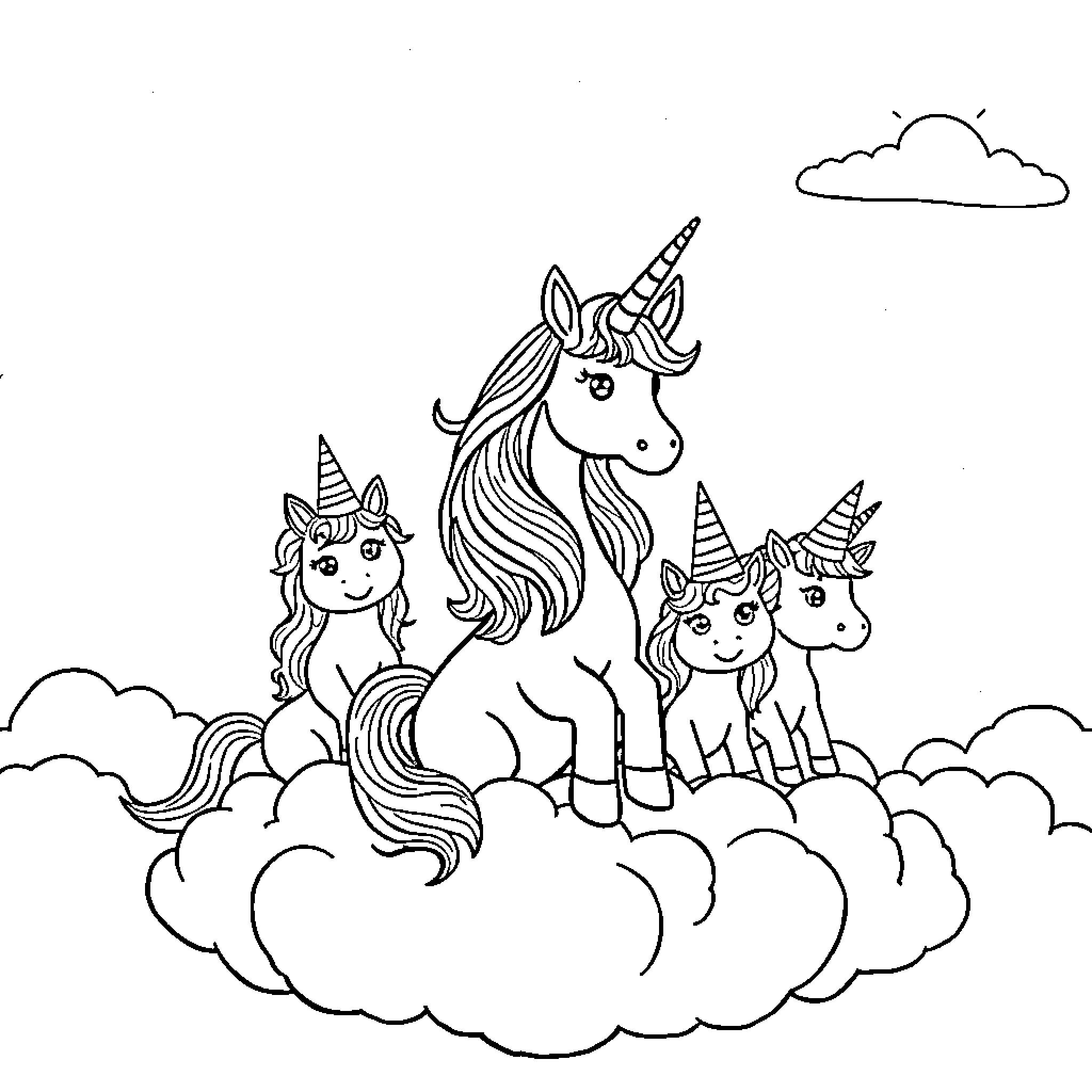 Unicorns frolicking playfully on a cloud-filled sky Coloring Page (free black-and-white line drawing printable PDF for all, from beginners to advanced learners, including children, teens, adults, and seniors)