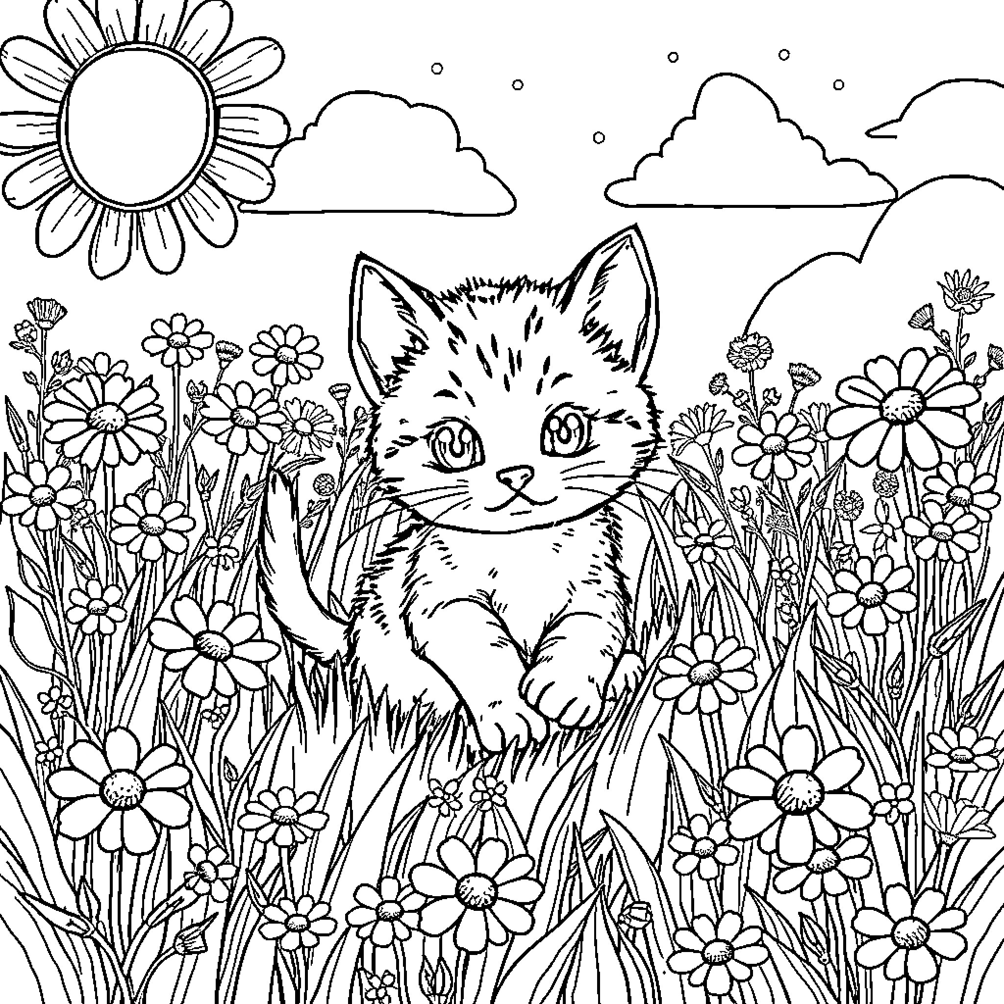Kitty playing in a flower garden Coloring Page (free black-and-white line drawing printable PDF for all, from beginners to advanced learners, including children, teens, adults, and seniors)